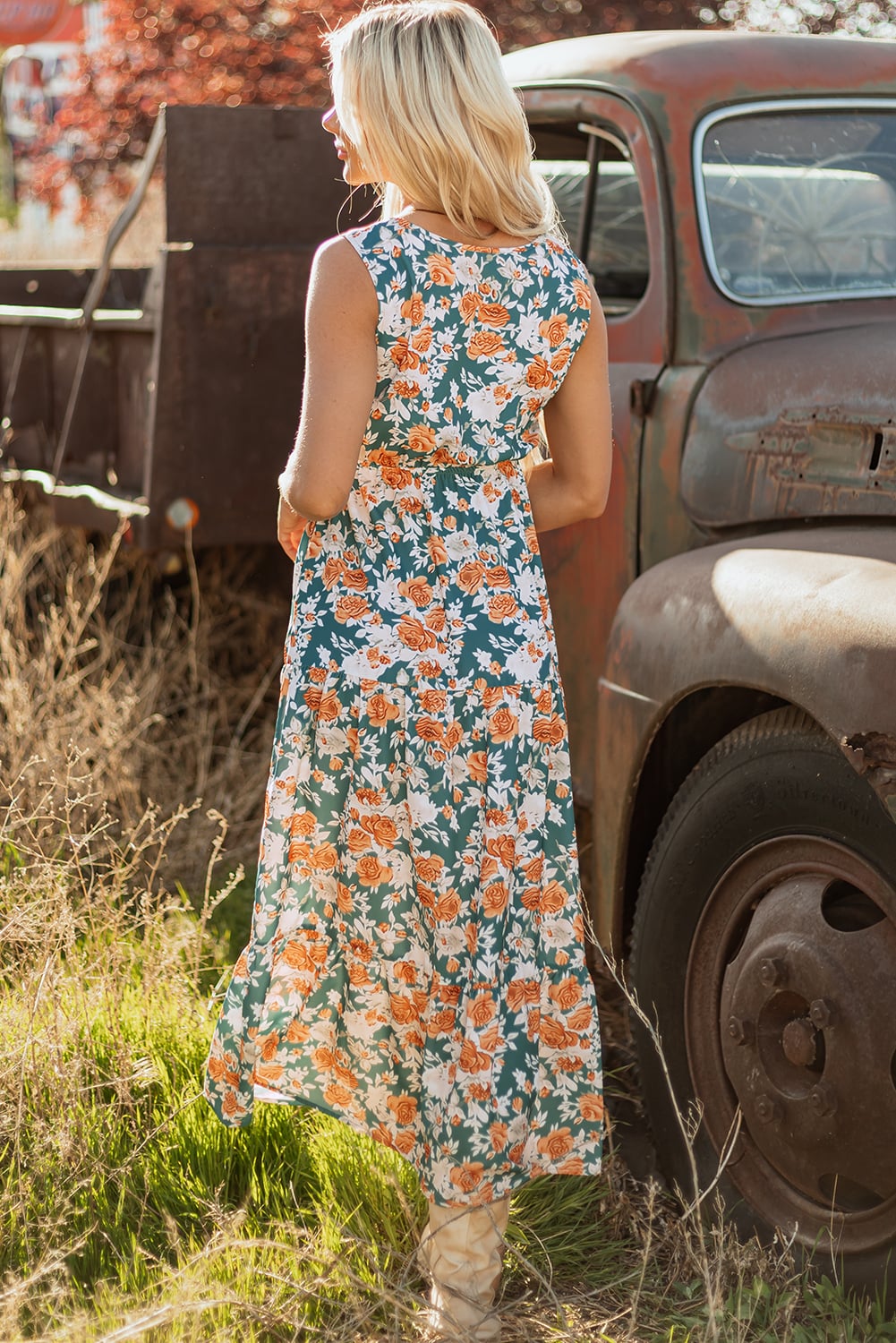 Green Floral Print Trimmed V Neck Tie Waist Sleeveless Holiday Long Dress