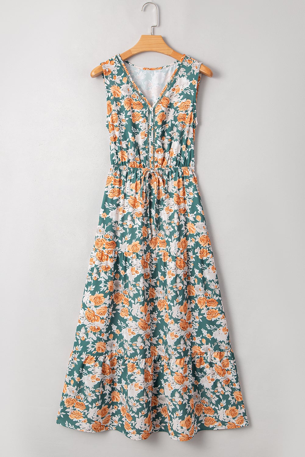 Green Floral Print Trimmed V Neck Tie Waist Sleeveless Holiday Long Dress