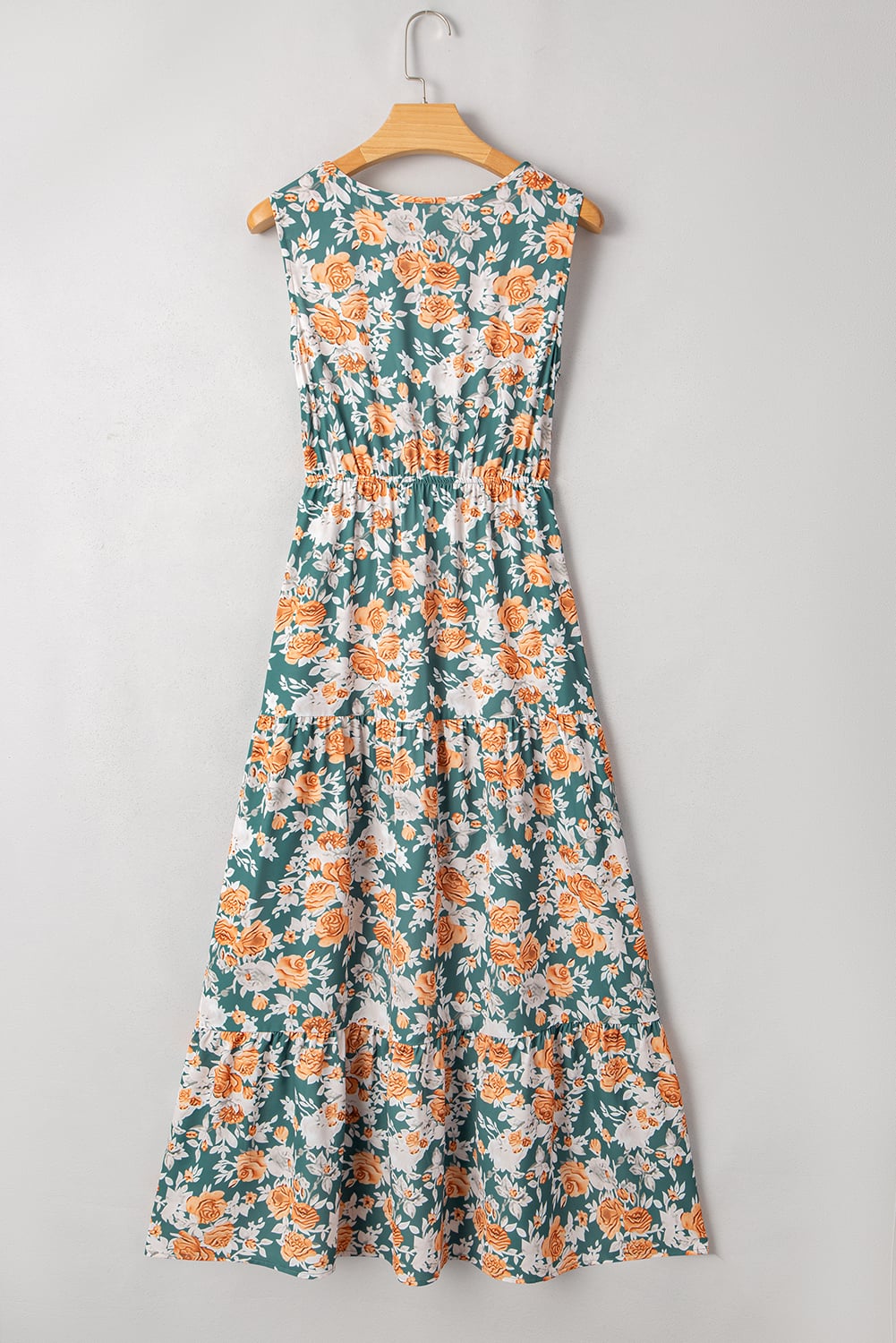 Green Floral Print Trimmed V Neck Tie Waist Sleeveless Holiday Long Dress