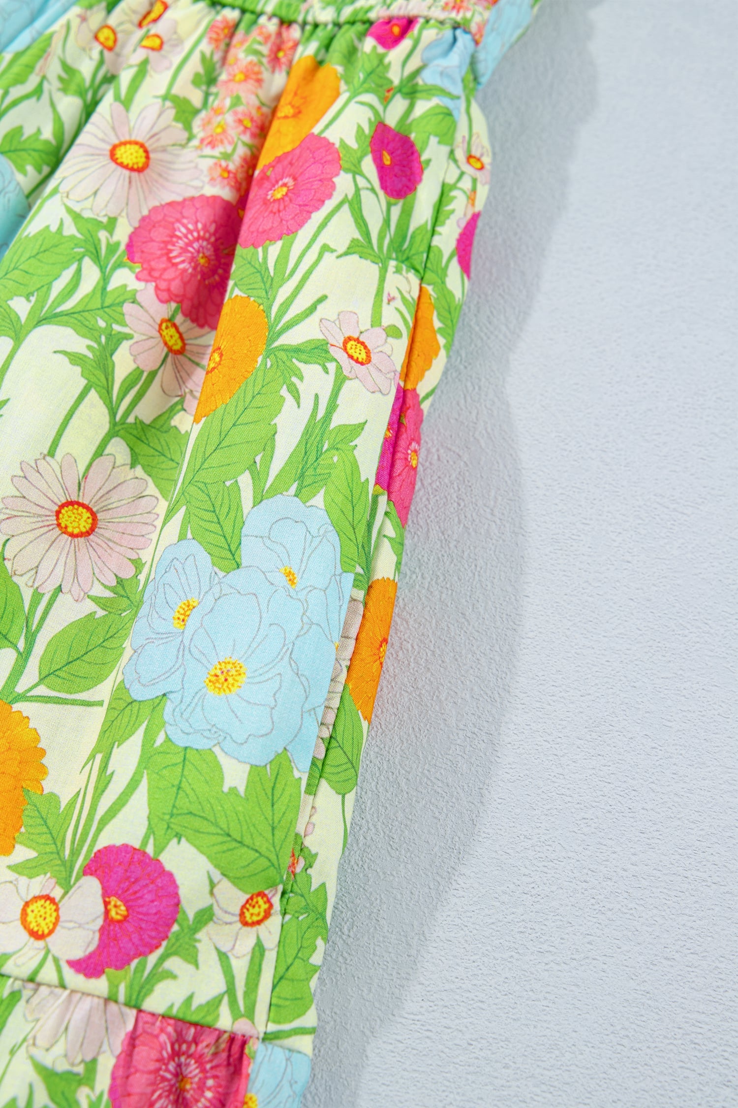 Green Floral Print V Neck Short Puff Sleeve Cotton Maxi Dress
