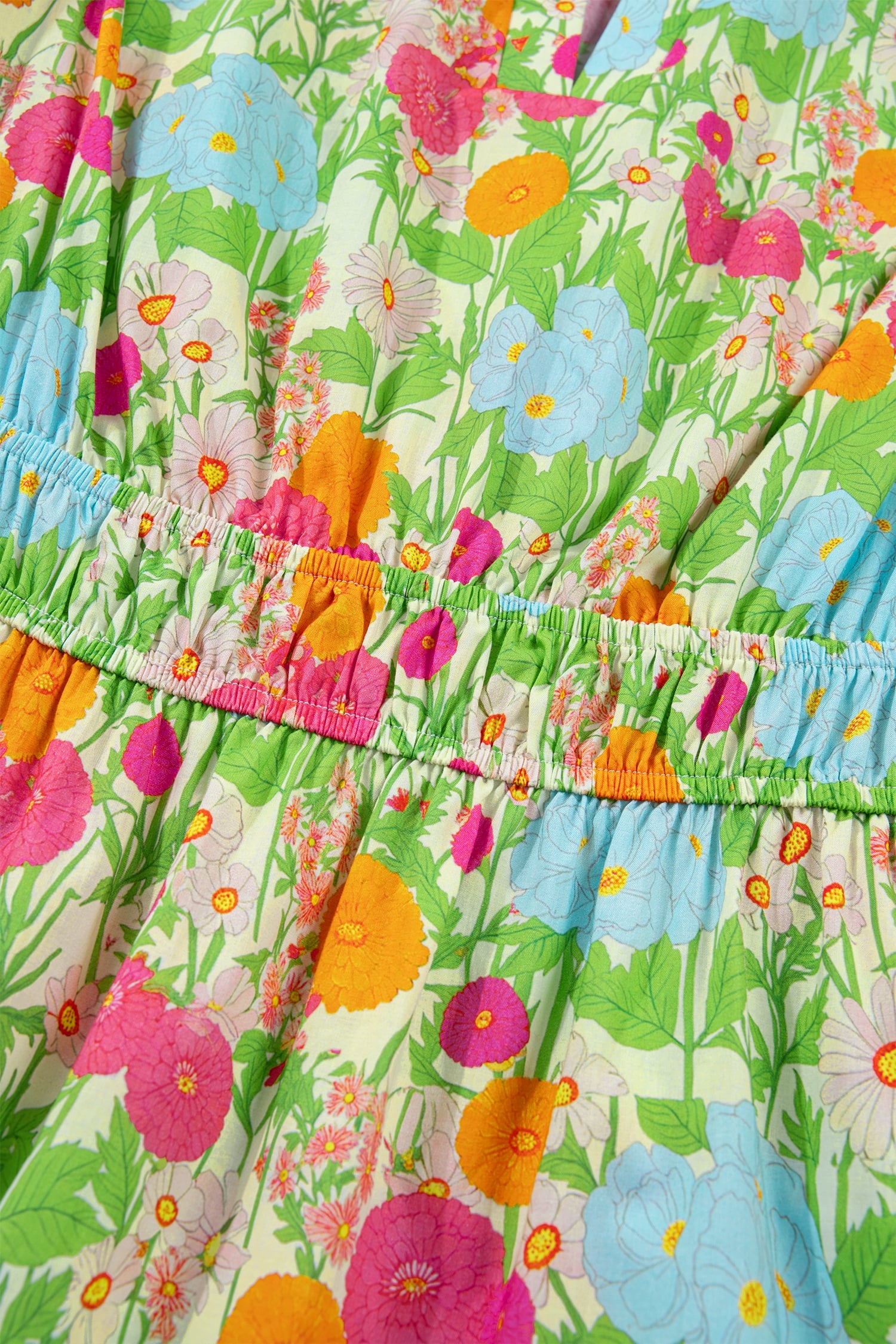 Green Floral Print V Neck Short Puff Sleeve Cotton Maxi Dress