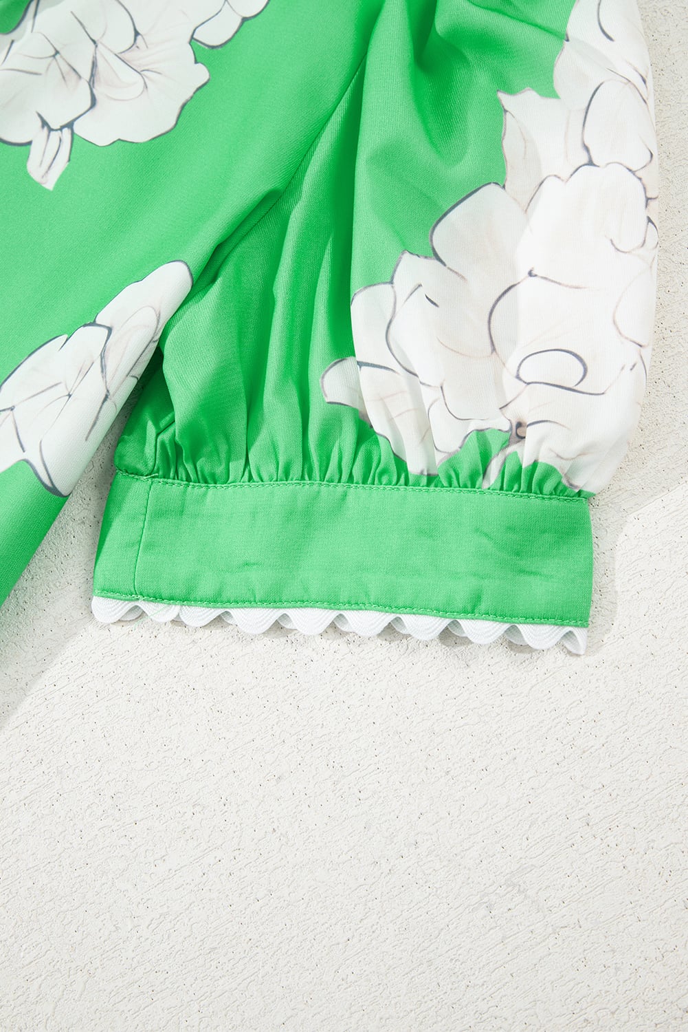 Green Floral Ric Rac Edge Puff Sleeve Button Up Summer Shirt