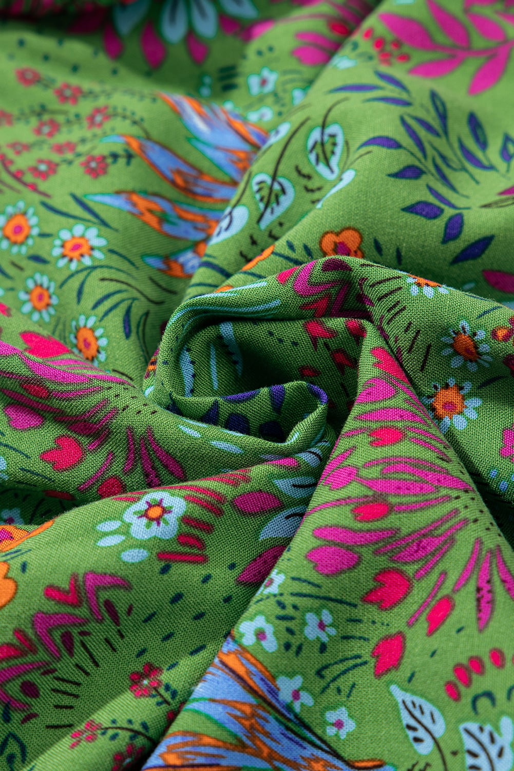 Green Floral Tie Split Neck Frilly Ruffle Trim Tiered Short Dress