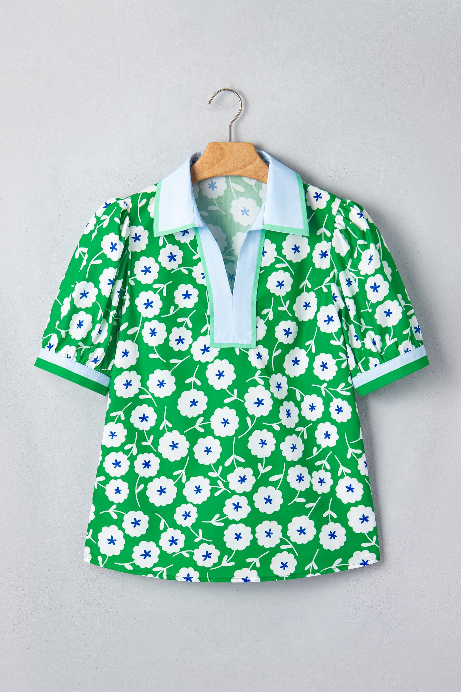 Green Flower Printed Contrast Patchwork Collar Short Sleeve Blouse