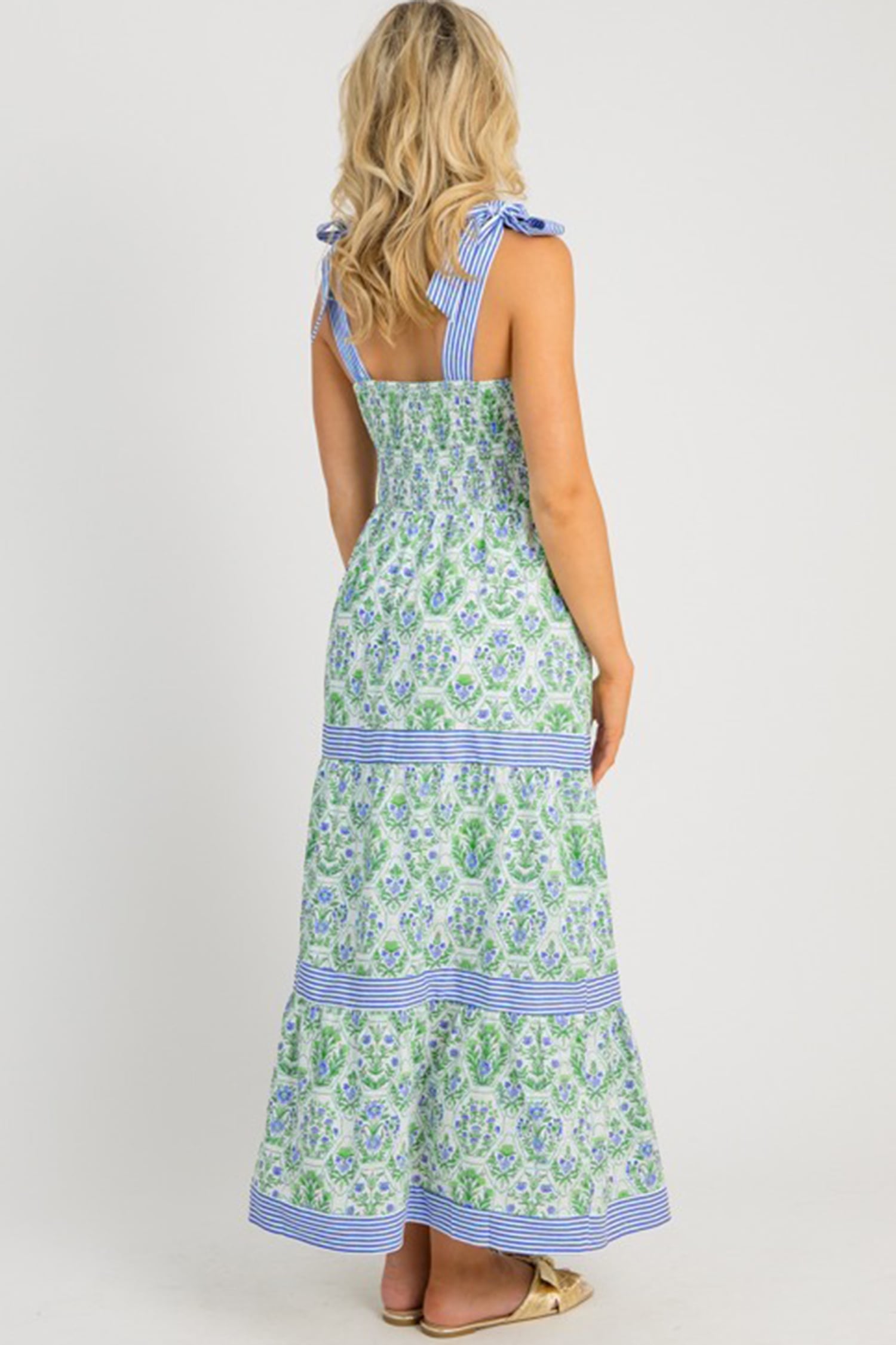Green Geometric Floral Print Striped Patchwork Detail Sleeveless Dress（Runs Small ）