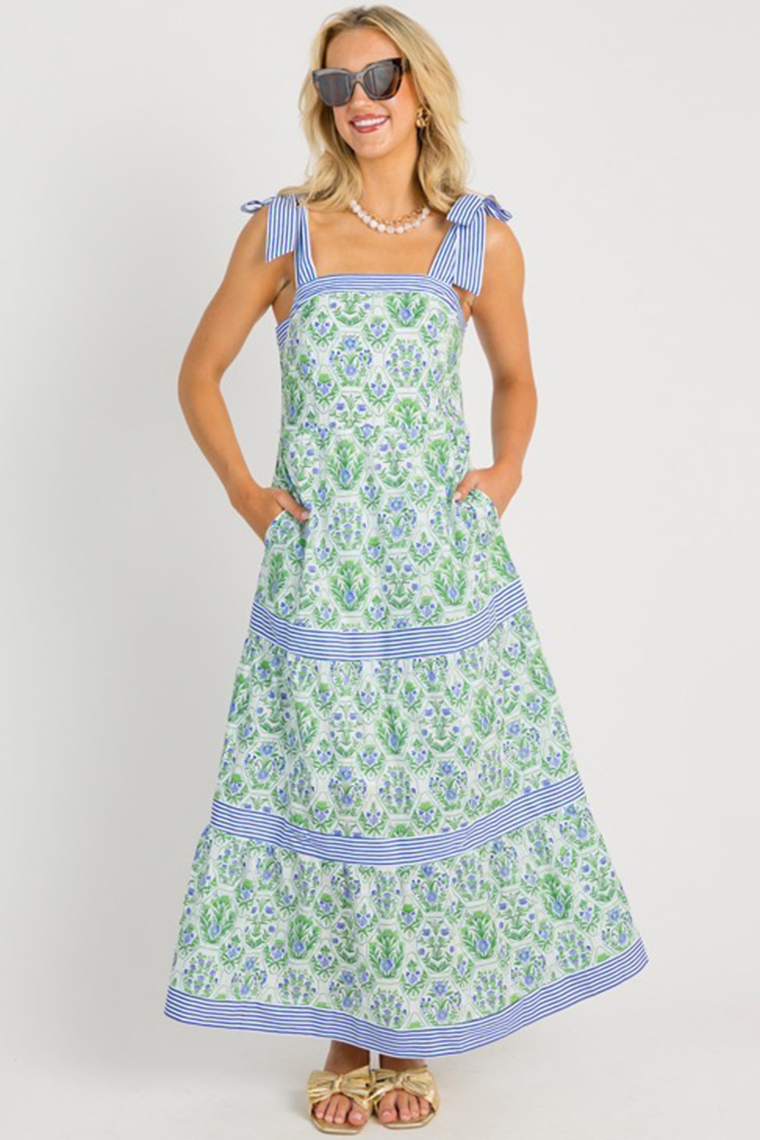 Green Geometric Floral Print Striped Patchwork Detail Sleeveless Dress（Runs Small ）