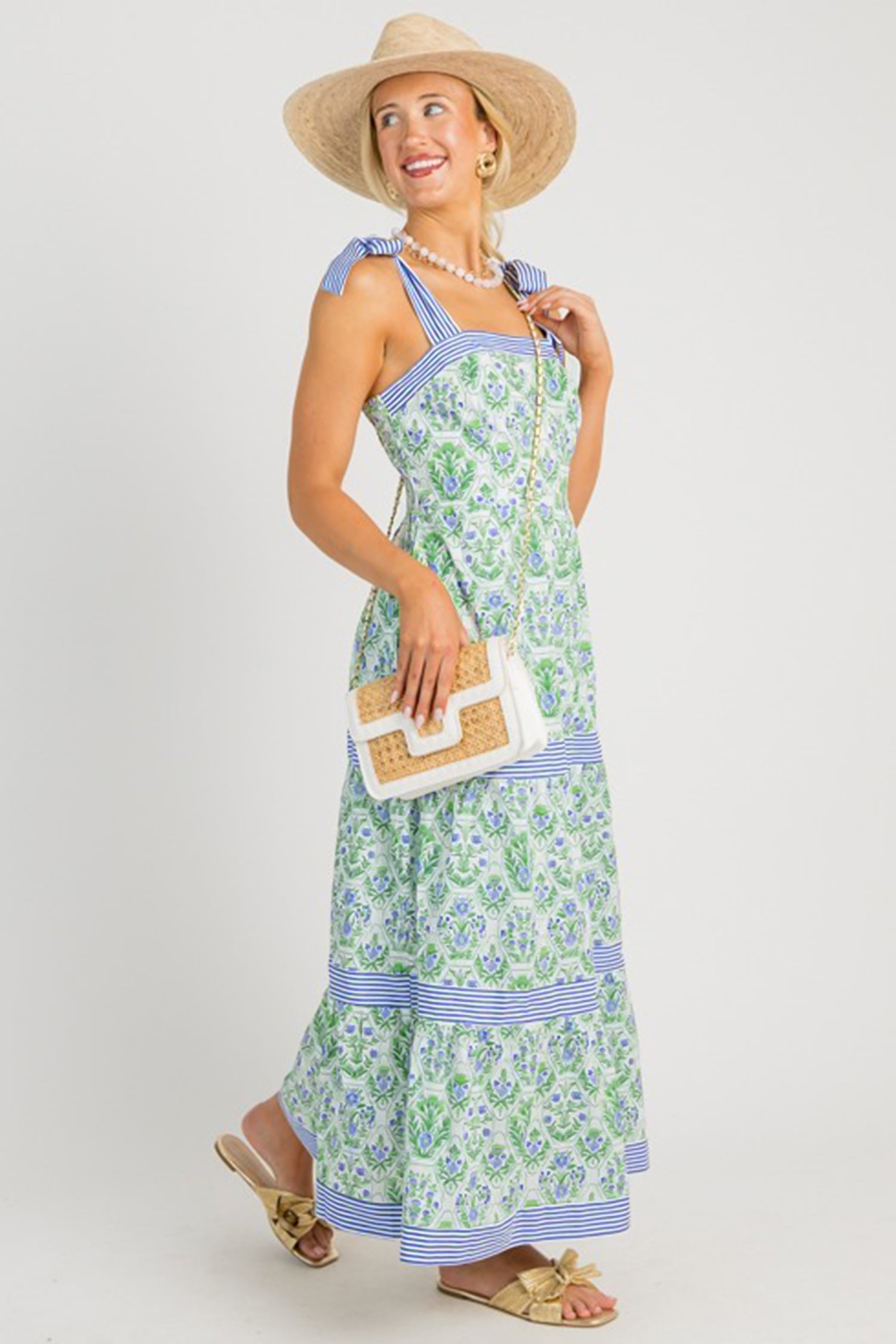 Green Geometric Floral Print Striped Patchwork Detail Sleeveless Dress（Runs Small ）