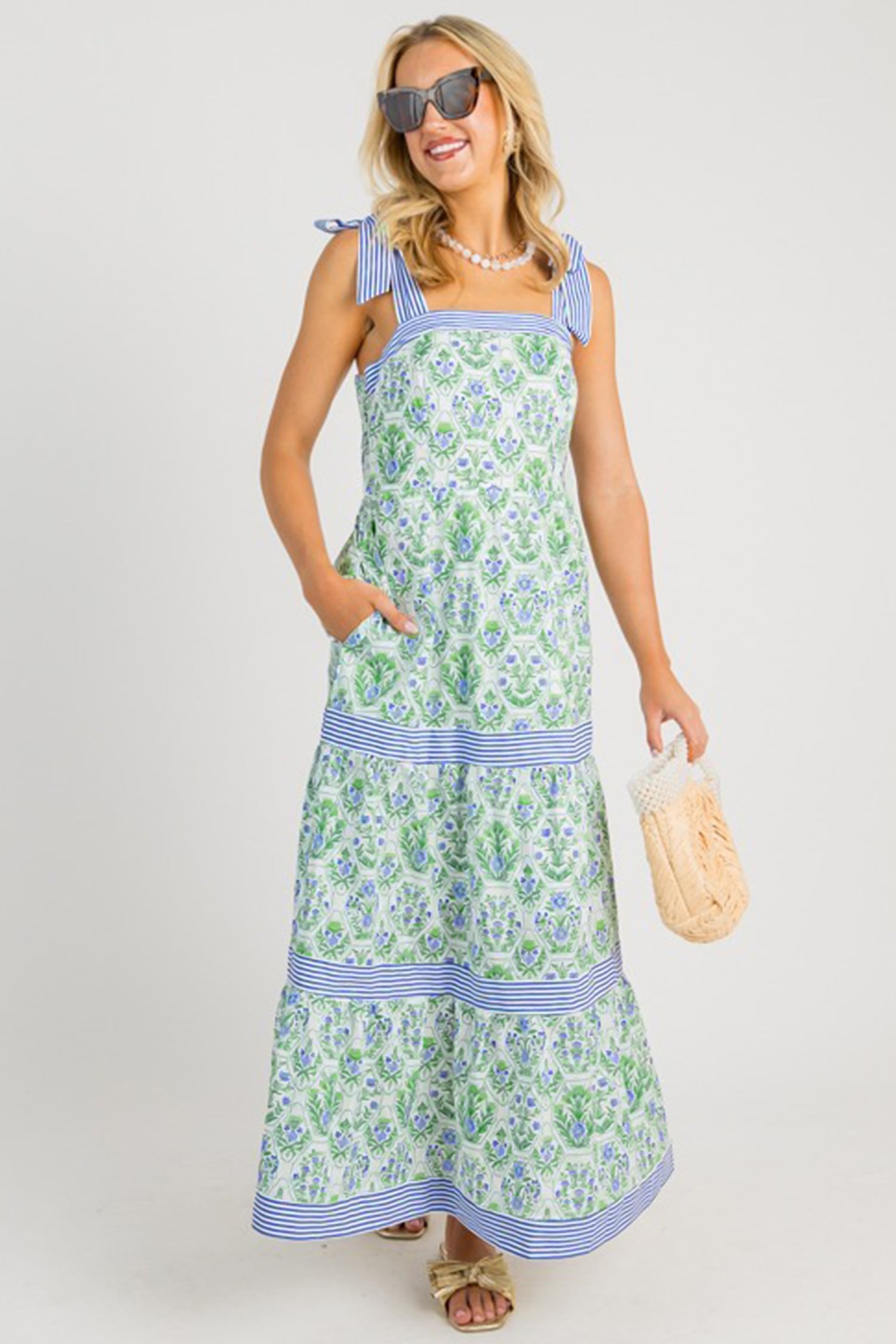 Green Geometric Floral Print Striped Patchwork Detail Sleeveless Dress（Runs Small ）