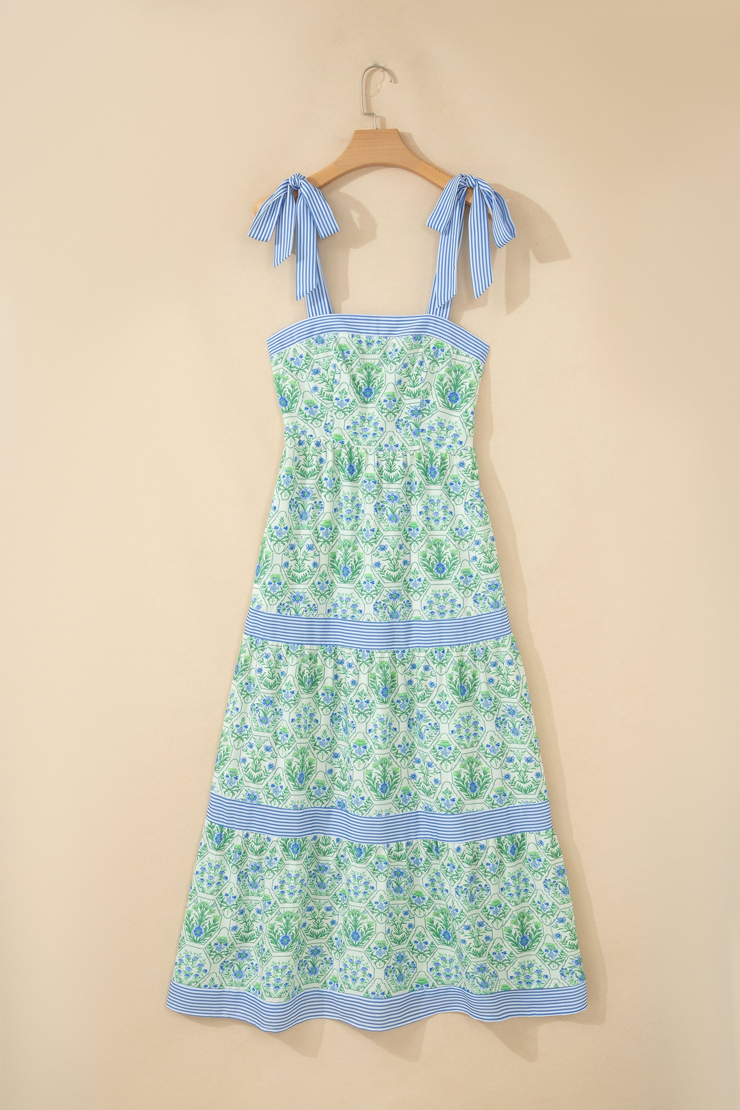 Green Geometric Floral Print Striped Patchwork Detail Sleeveless Dress（Runs Small ）