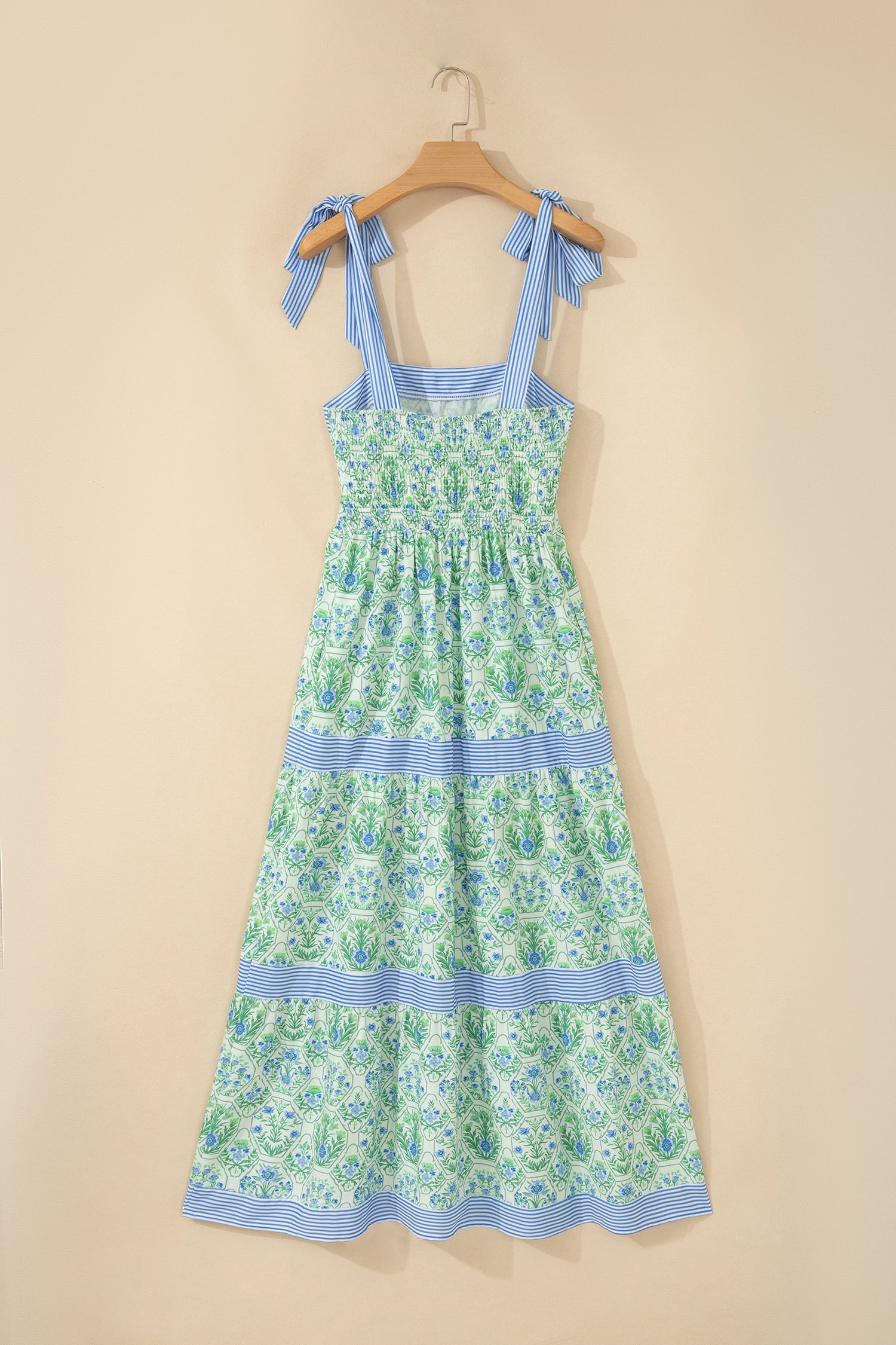 Green Geometric Floral Print Striped Patchwork Detail Sleeveless Dress（Runs Small ）