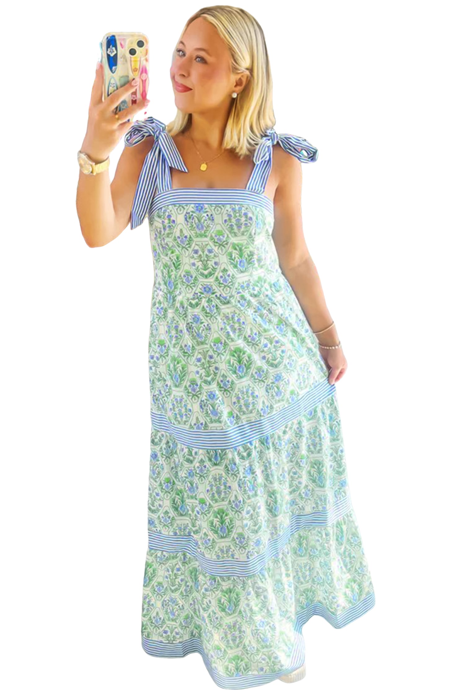 Green Geometric Floral Print Striped Patchwork Detail Sleeveless Dress（Runs Small ）
