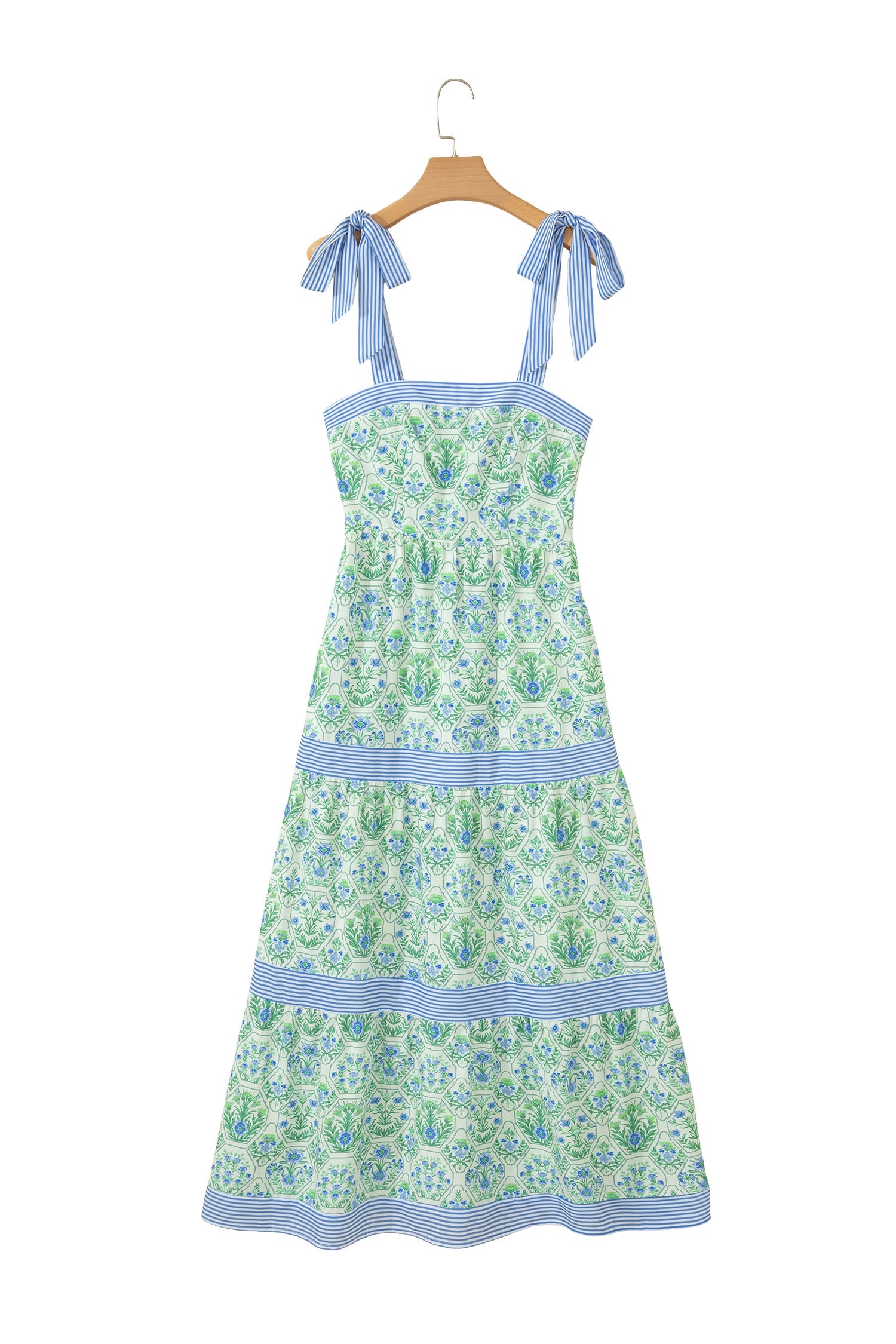 Green Geometric Floral Print Striped Patchwork Detail Sleeveless Dress（Runs Small ）