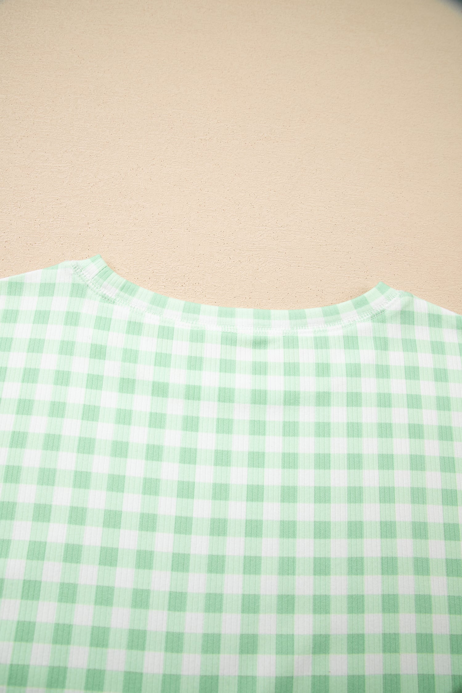 Green Gingham Long Sleeve Loose Top Drawstring Shorts 2pcs Lounge Set