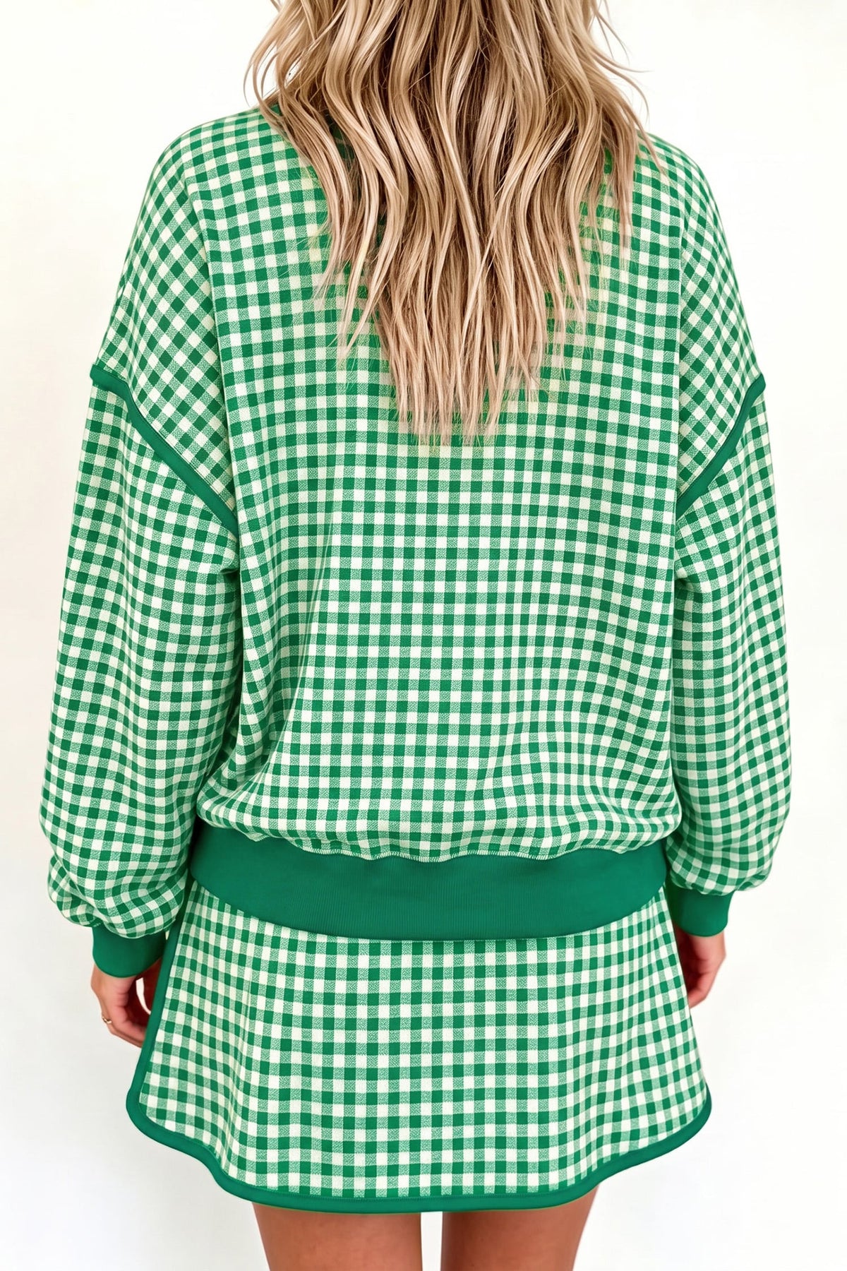 Green Gingham Oversized Ribbed Trim Crew Neck Long Sleeve Top and Skort Set