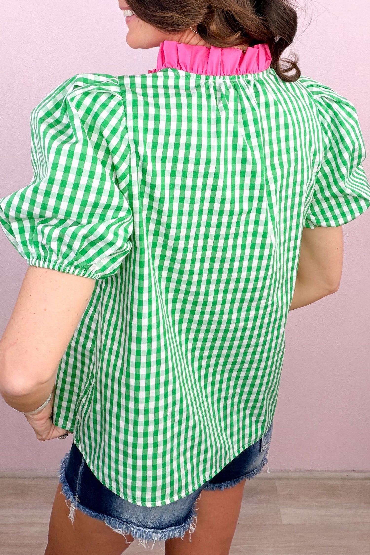Green Gingham Plaid Bubble Sleeve Colorblock Trim V Neck Blouse