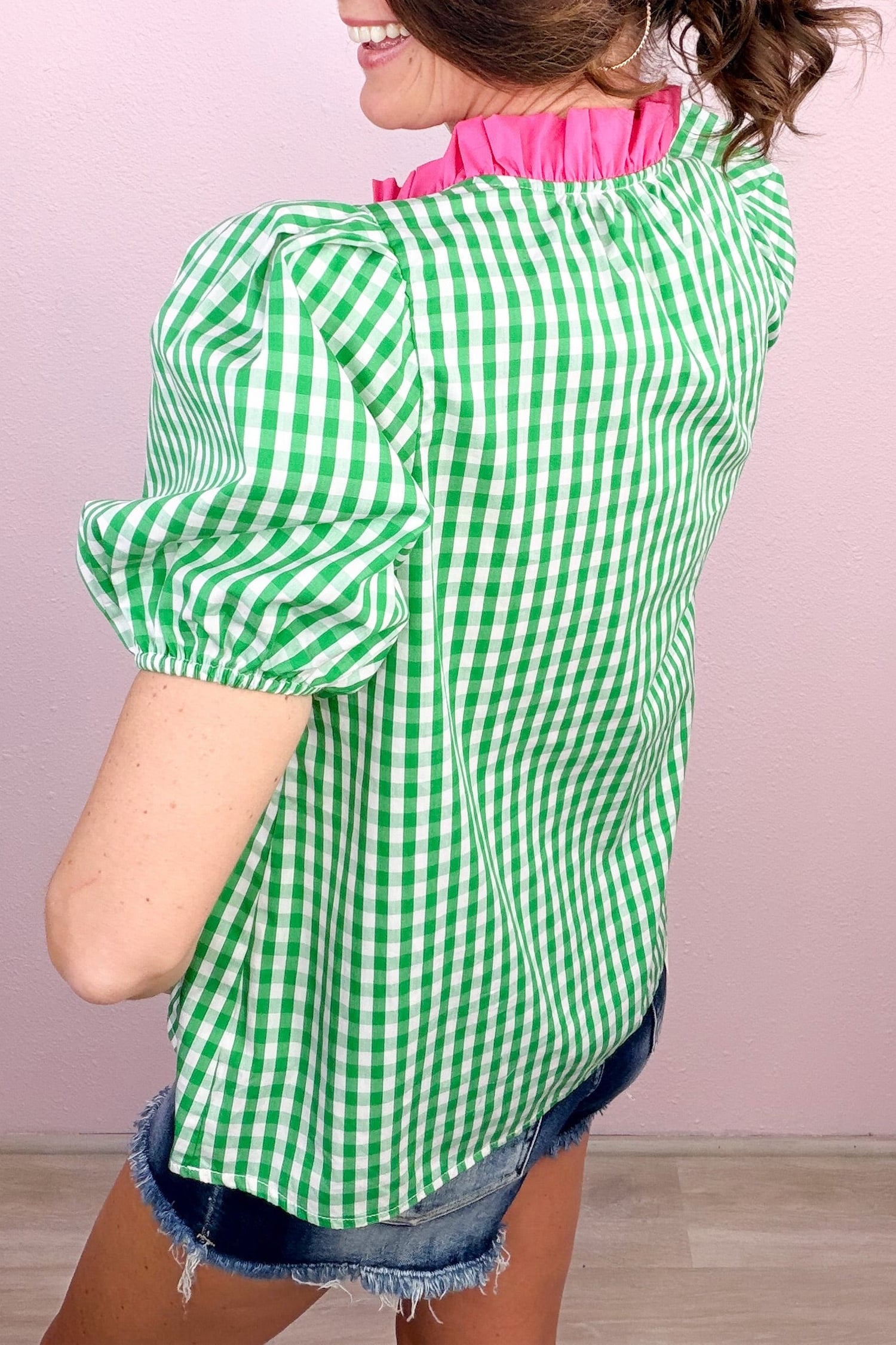 Green Gingham Plaid Bubble Sleeve Colorblock Trim V Neck Blouse