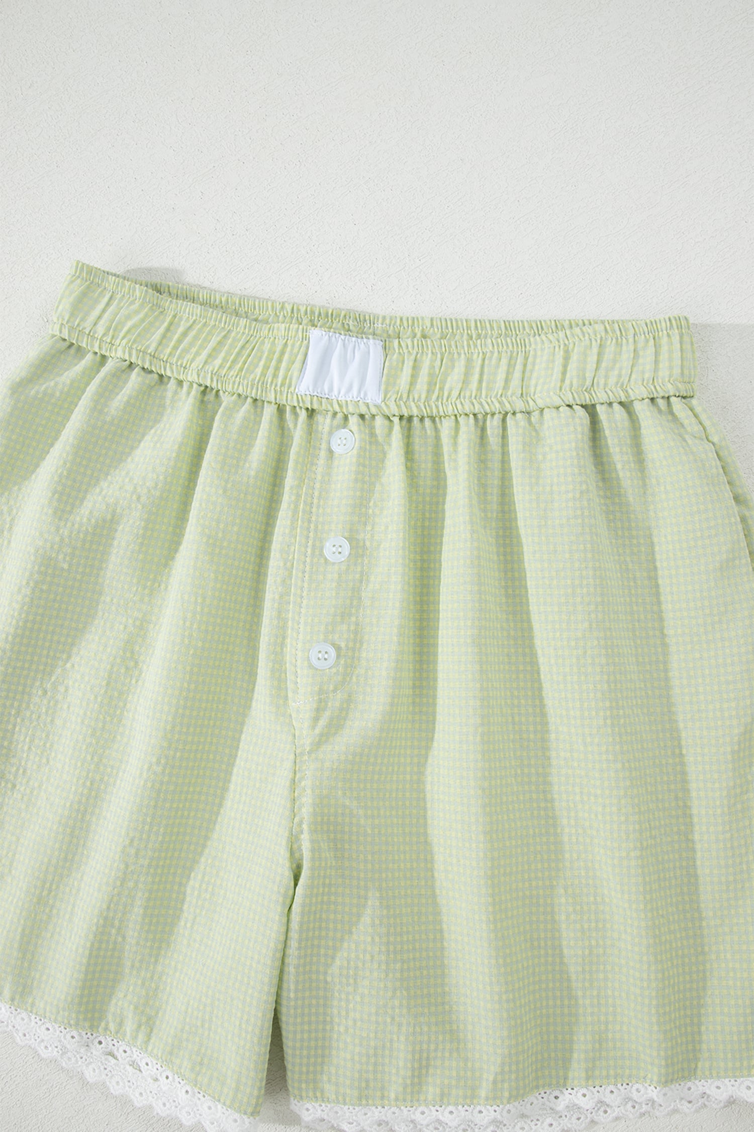 Green Gingham Plaid Button Detail Lace Trim Boxer Shorts