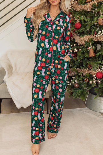 Green Holiday Print Pocket Detail Long Sleeve Collar Lounge Set