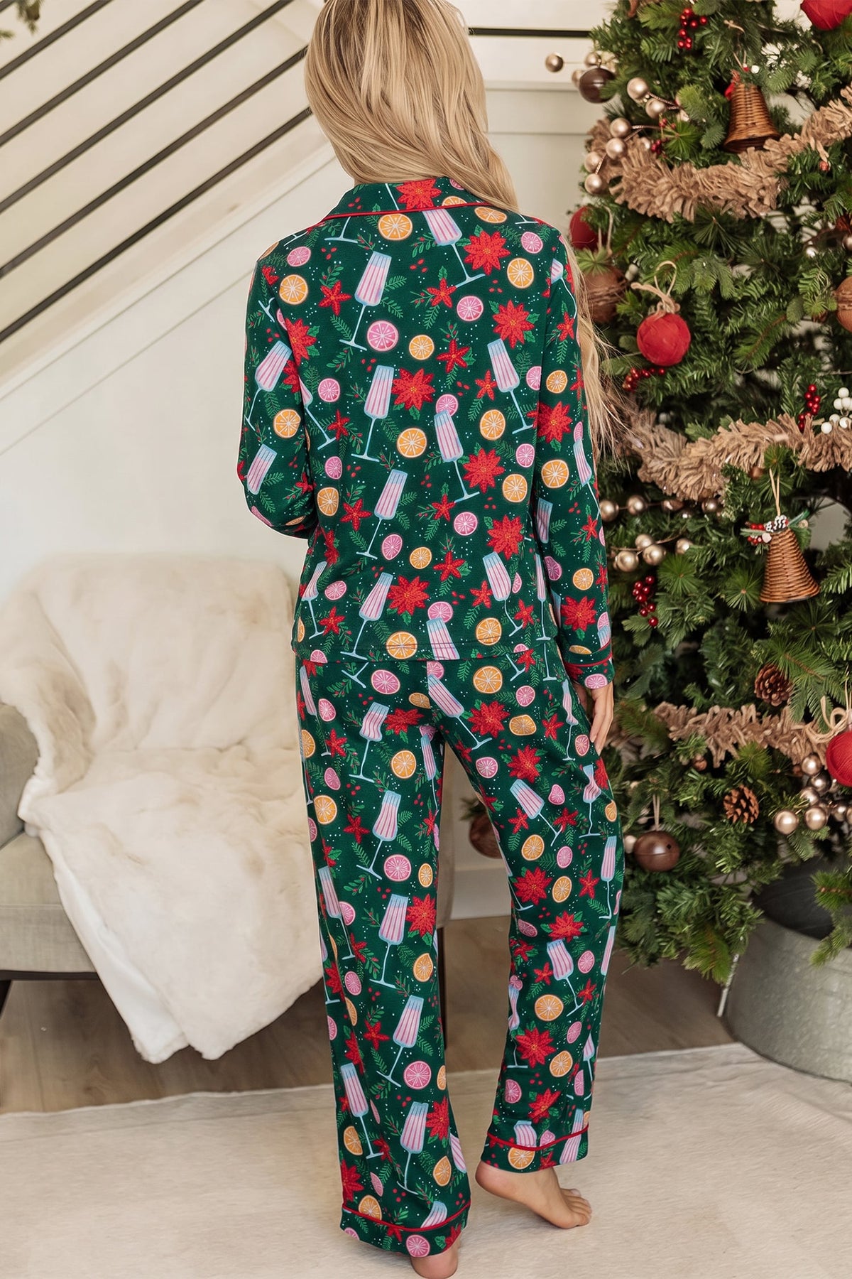 Green Holiday Print Pocket Detail Long Sleeve Collar Lounge Set