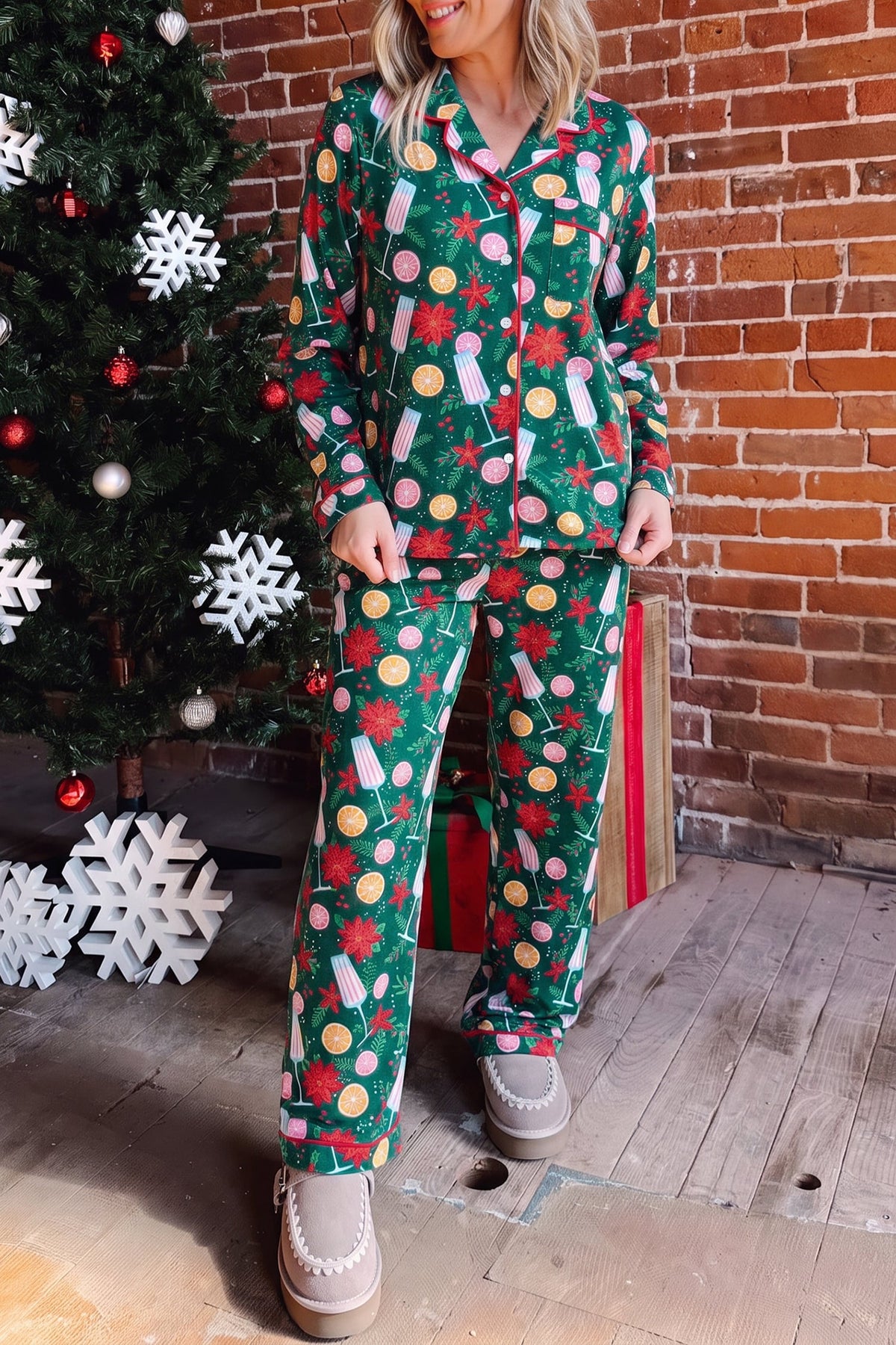 Green Holiday Print Pocket Detail Long Sleeve Collar Lounge Set