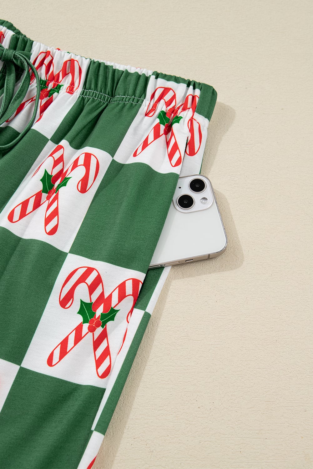 Green Holly Jolly Checkered Pattern 2pcs Long Pajama Set