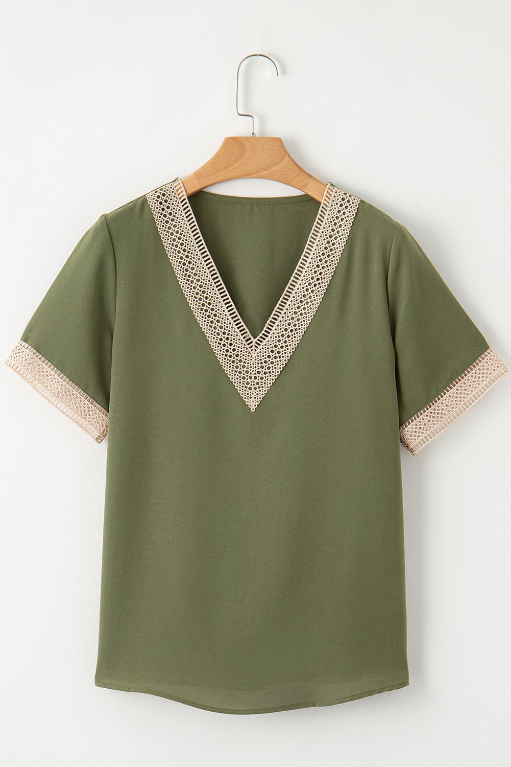 Green Lace Trim V Neck Short Sleeve Blouse