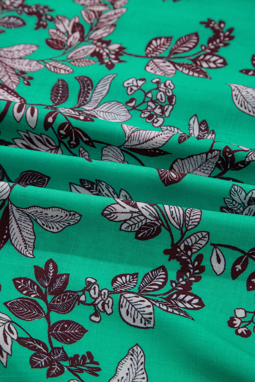 Green Leaves Print Contrast Trim V Neck Shirred Puff Sleeve Blouse