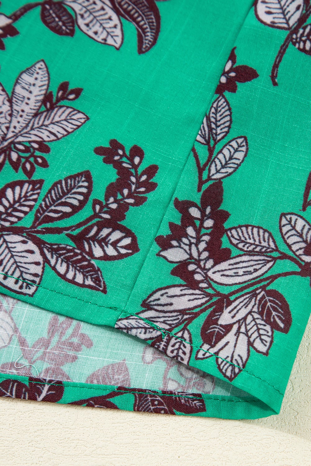 Green Leaves Print Contrast Trim V Neck Shirred Puff Sleeve Blouse