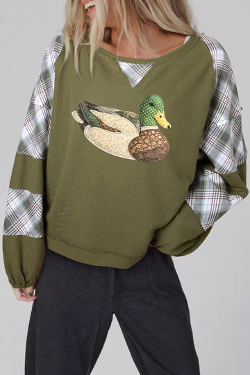 Green Mallard Print Plaid Long Sleeve Patchwork Casual Waffle Top