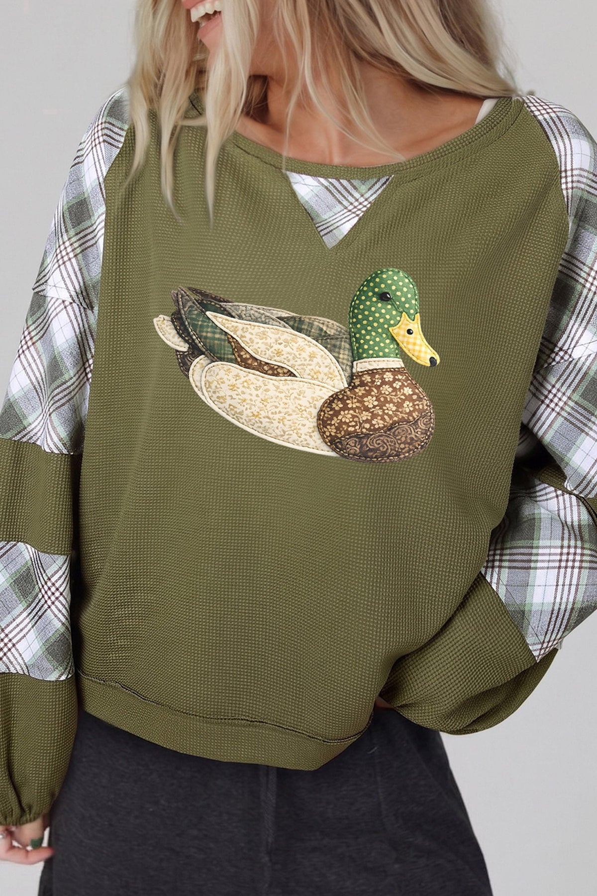 Green Mallard Print Plaid Long Sleeve Patchwork Casual Waffle Top