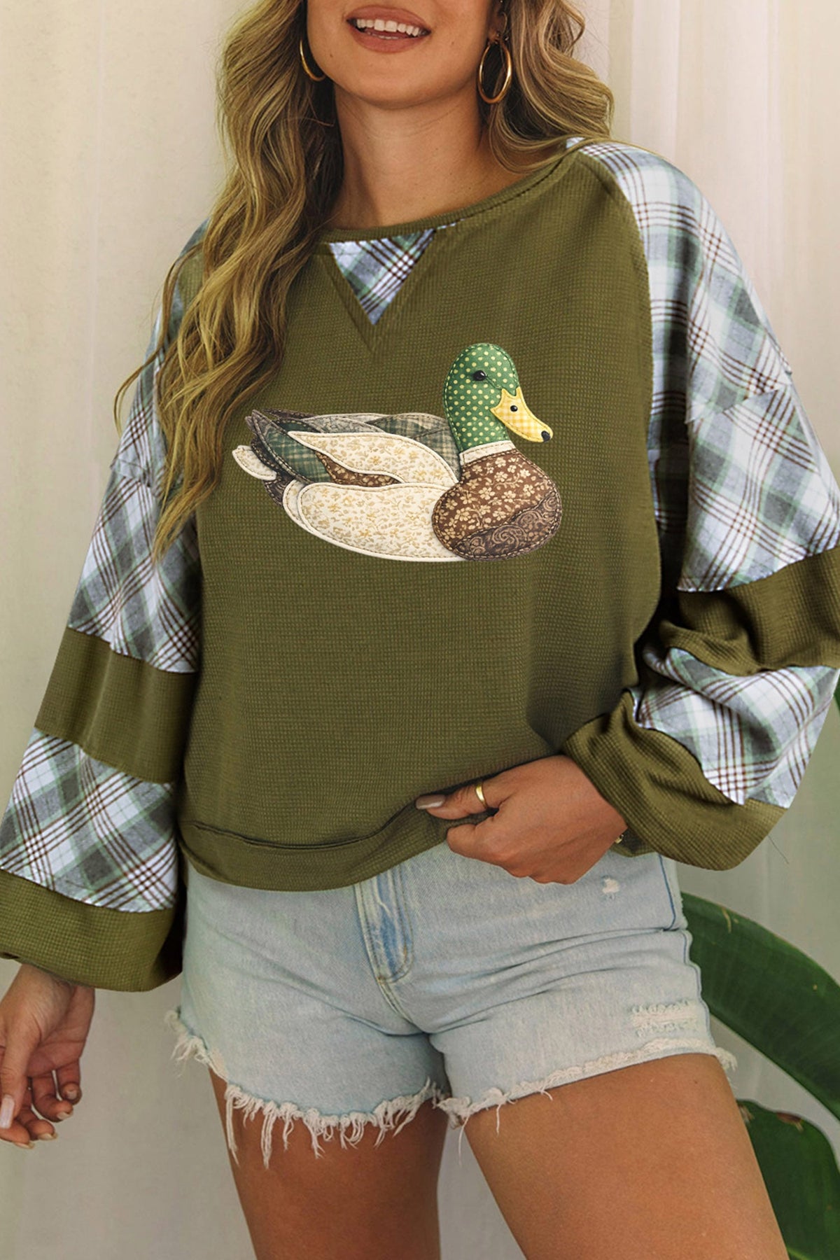 Green Mallard Print Plaid Long Sleeve Patchwork Casual Waffle Top