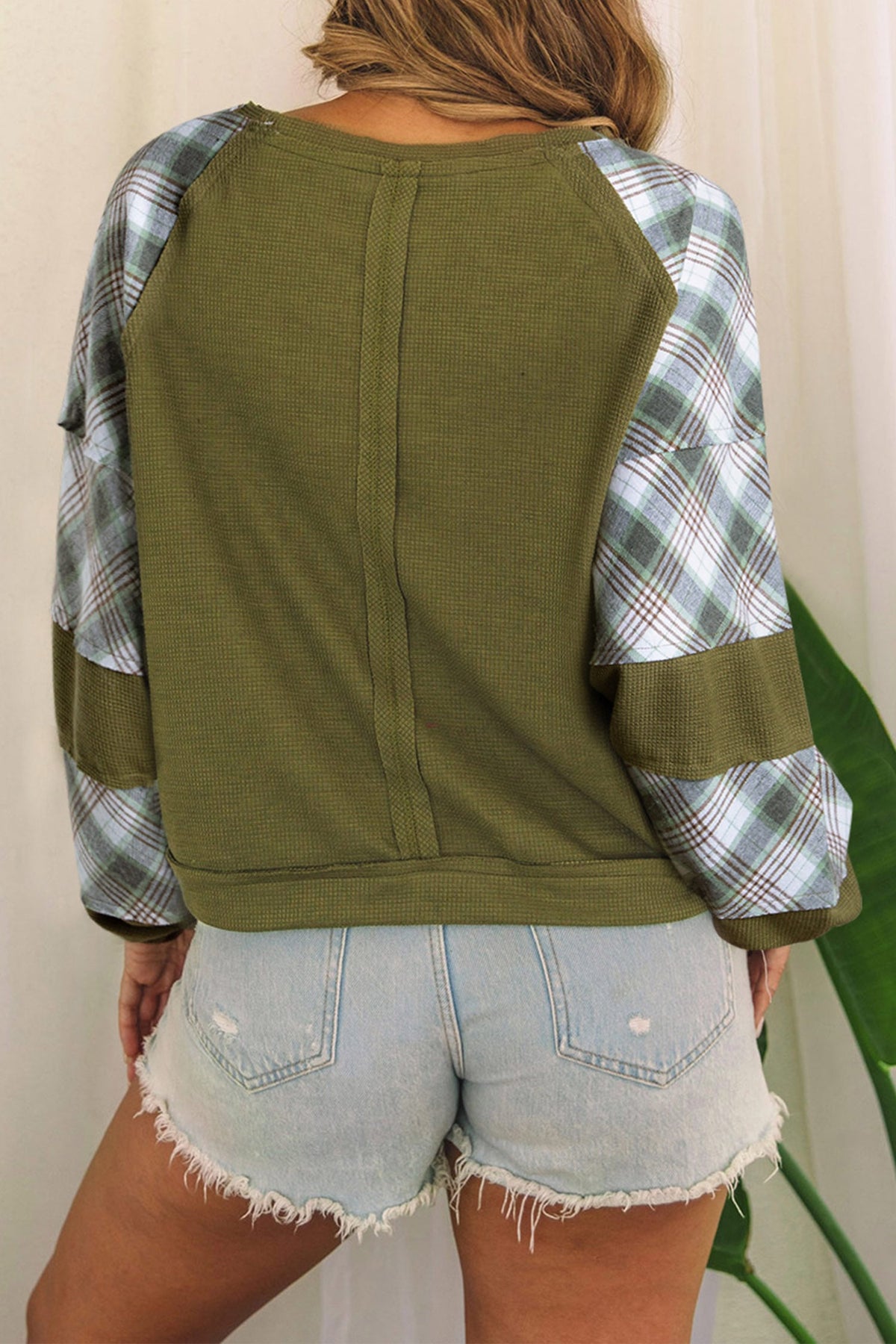 Green Mallard Print Plaid Long Sleeve Patchwork Casual Waffle Top