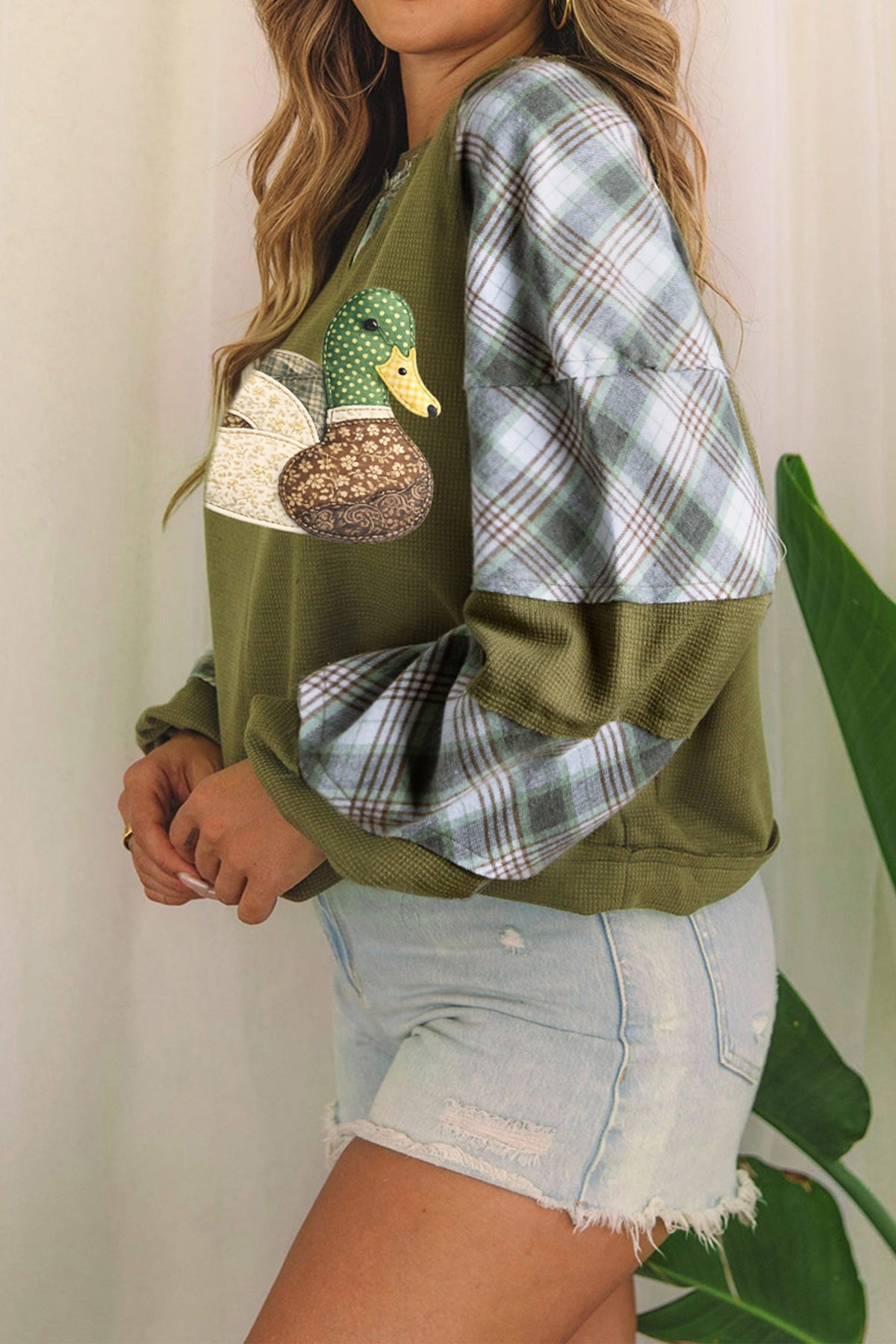 Green Mallard Print Plaid Long Sleeve Patchwork Casual Waffle Top