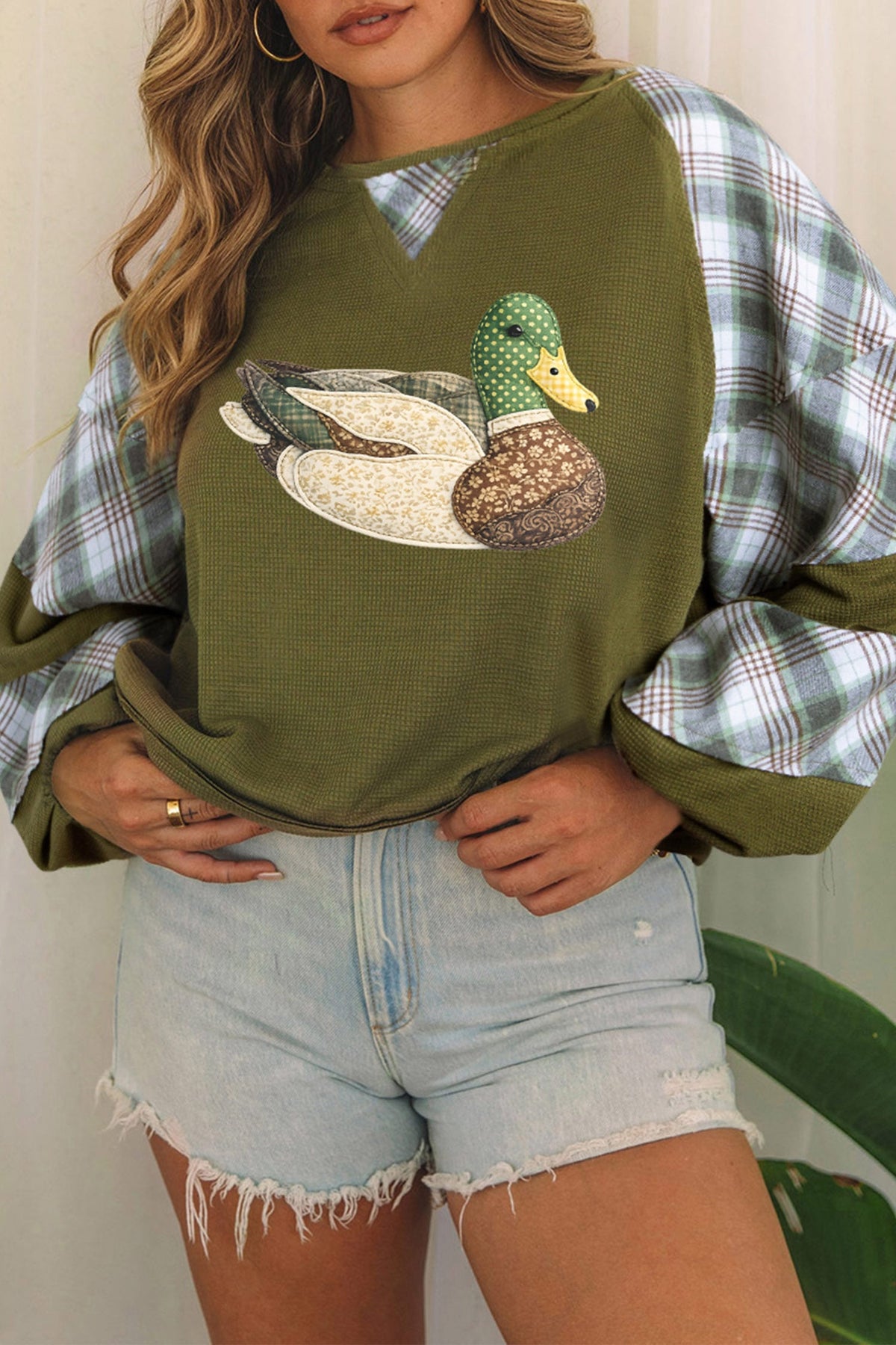 Green Mallard Print Plaid Long Sleeve Patchwork Casual Waffle Top