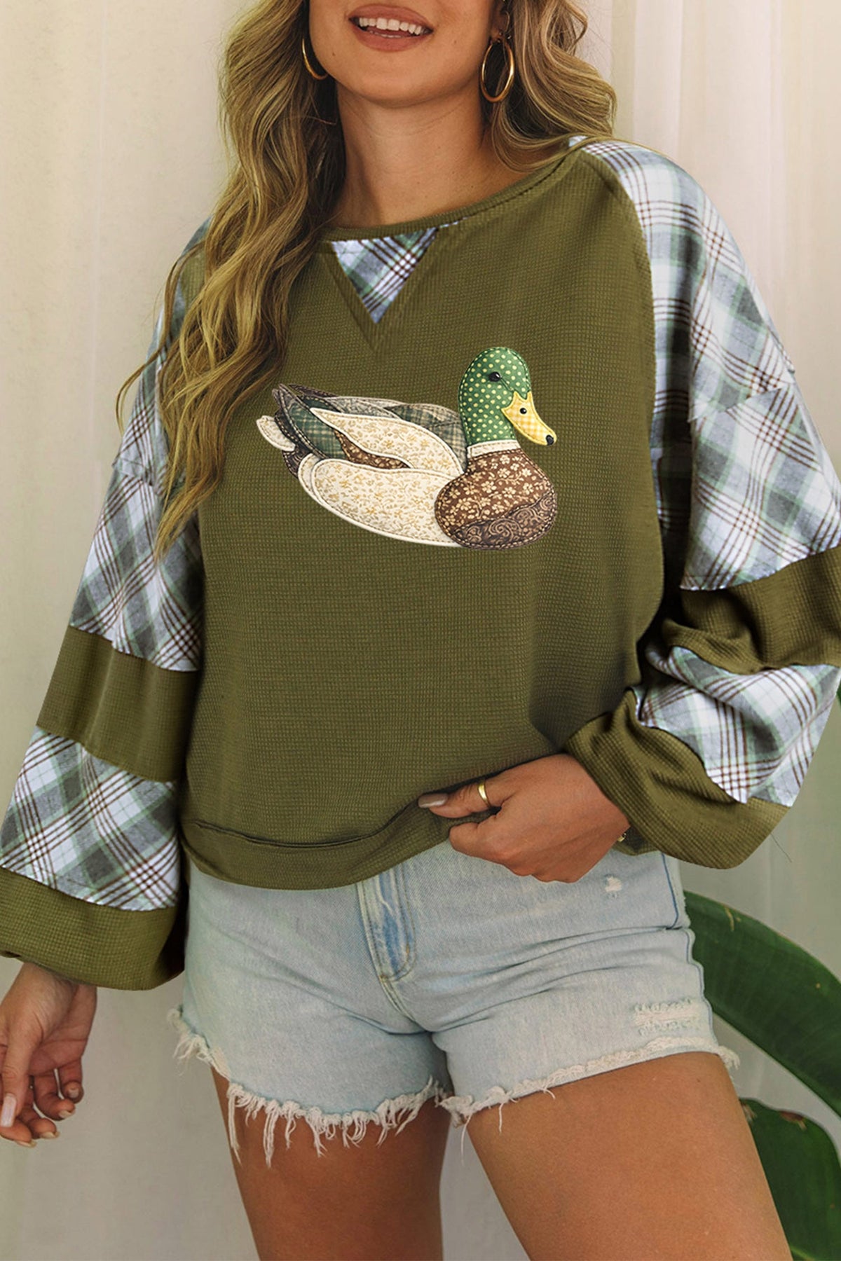 Green Mallard Print Plaid Long Sleeve Patchwork Casual Waffle Top
