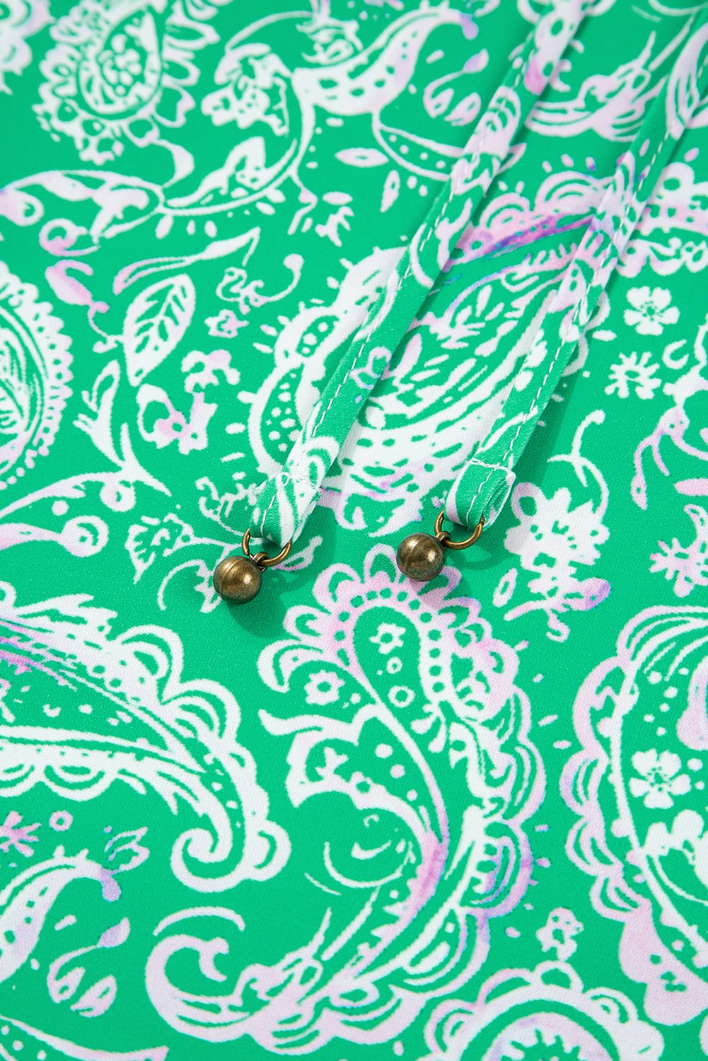 Green Paisley Print Long Sleeve Button Front Tied Waist Mini Dress