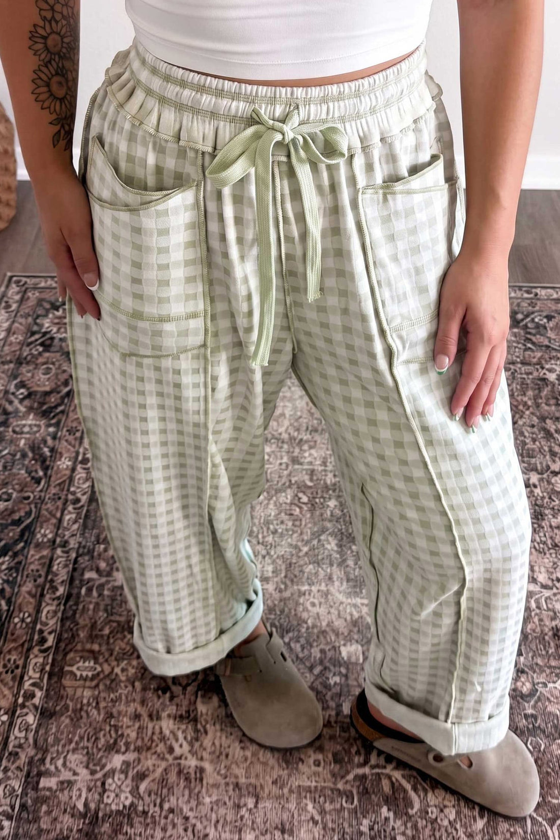 Green Plaid Contrast Trim Drawstring Elastic Waist Shift Pants