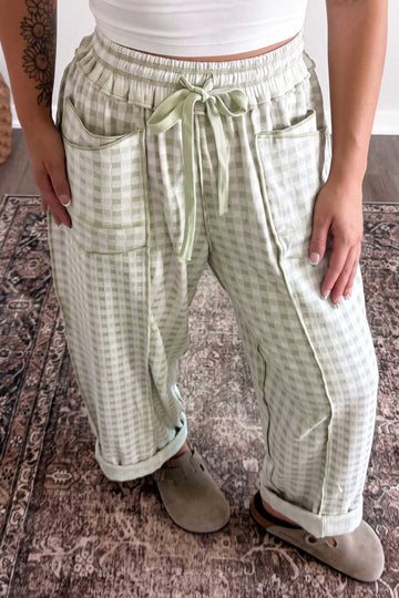 Green Plaid Contrast Trim Drawstring Elastic Waist Shift Pants