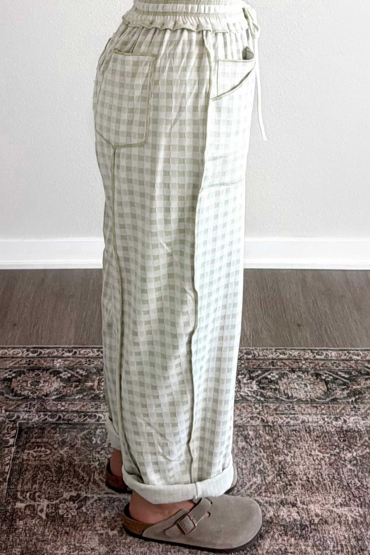 Green Plaid Contrast Trim Drawstring Elastic Waist Shift Pants