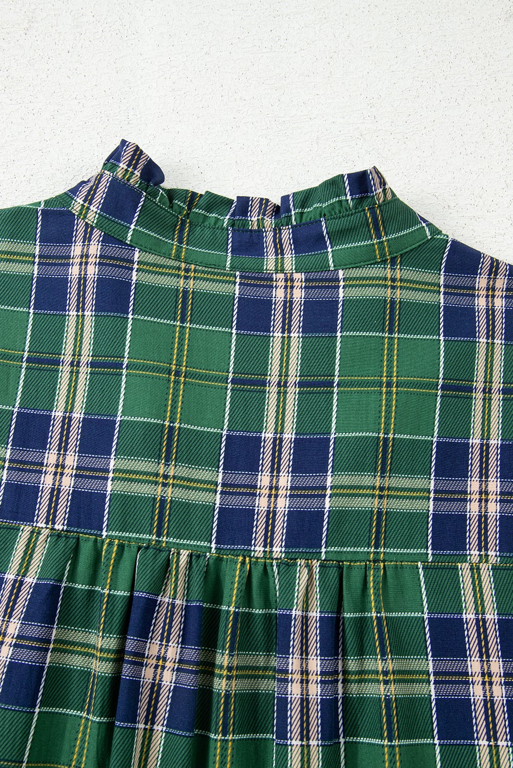 Green Plaid Print Frilly Collar Long Sleeve Shift Mini Dress