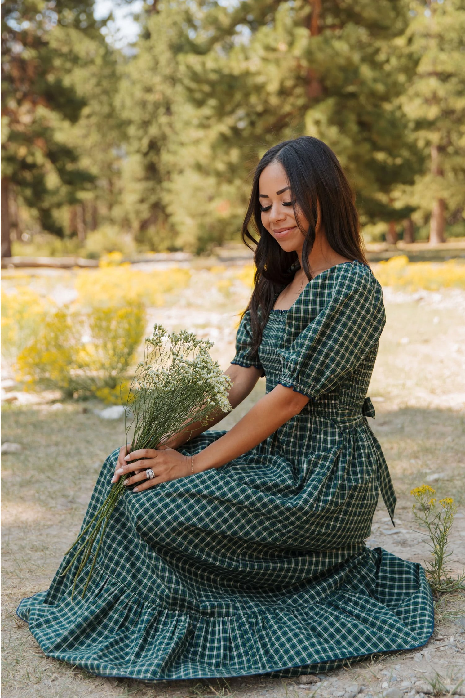 Green Plaid Square Neck Shirred High Waist Ruffle Hem Dress