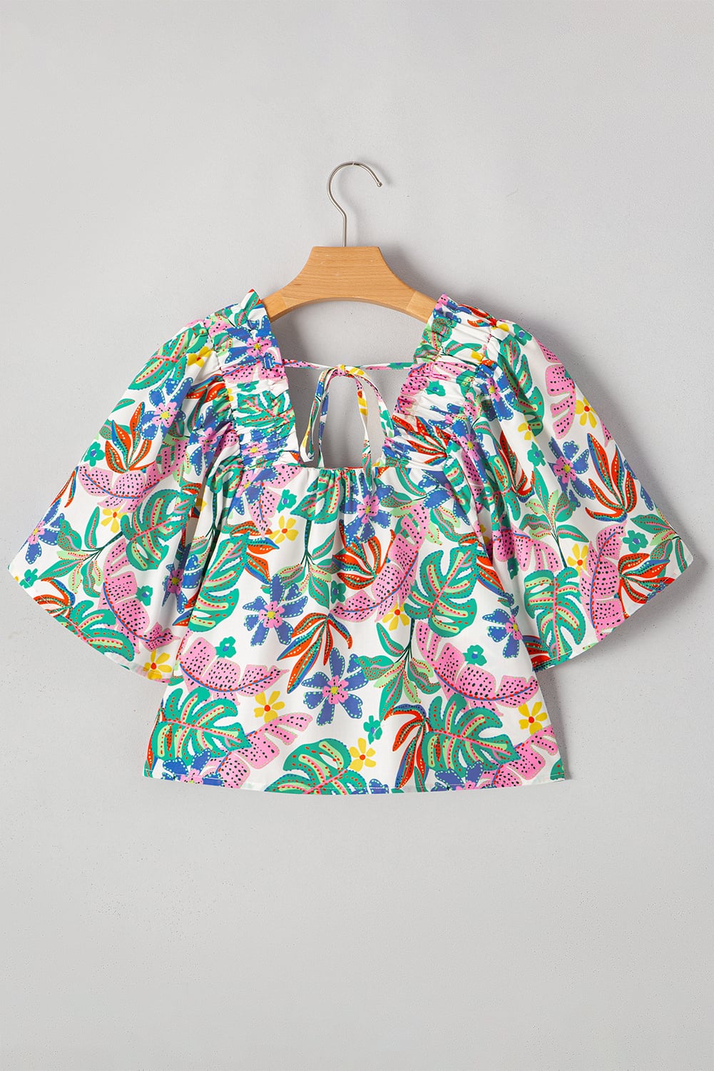 Green Plant Print Loose Fit Puff Sleeve Square Neck Blouse