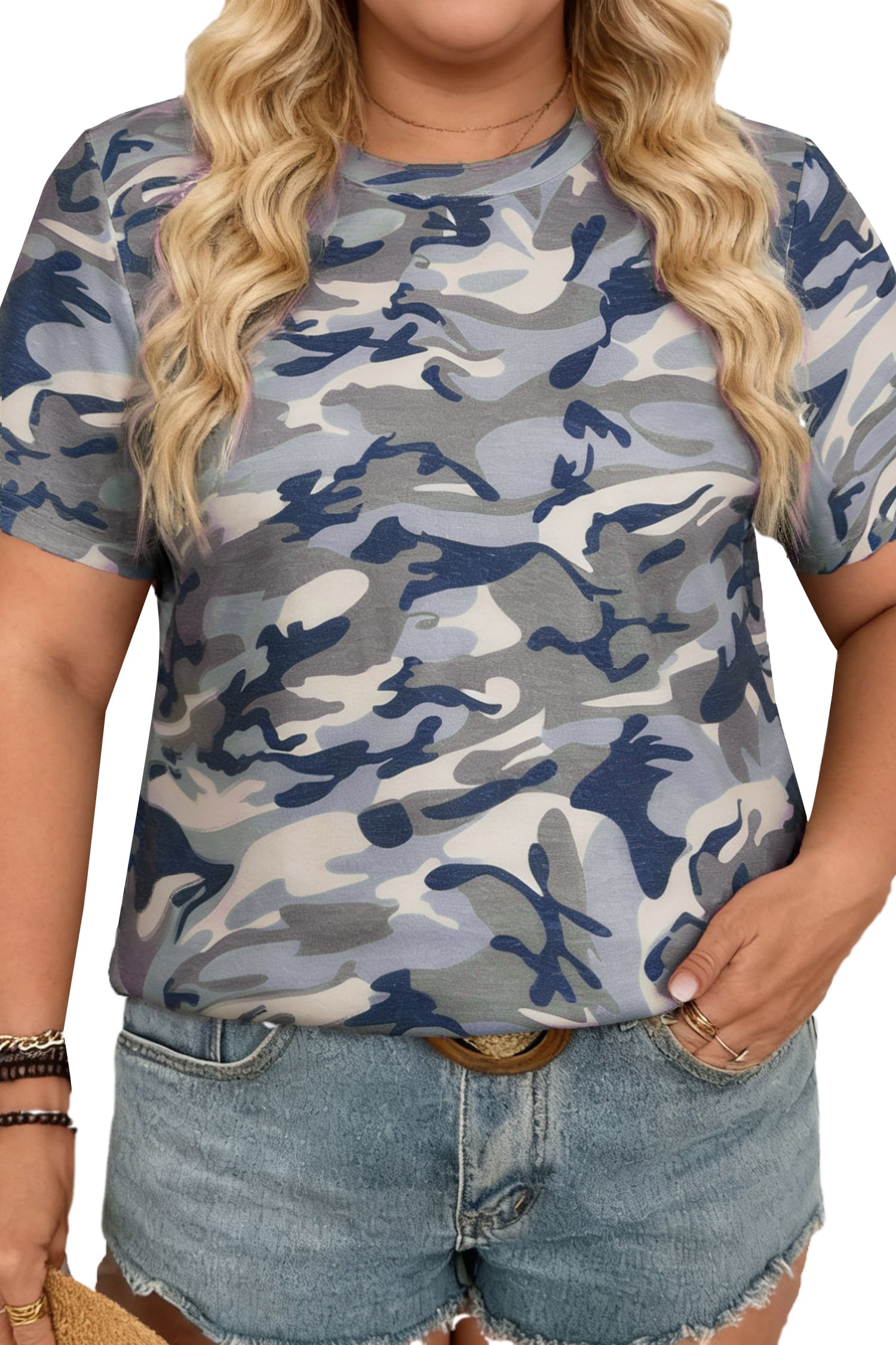 Green Plus Size Camo Print Crew Neck Short Sleeve Tee