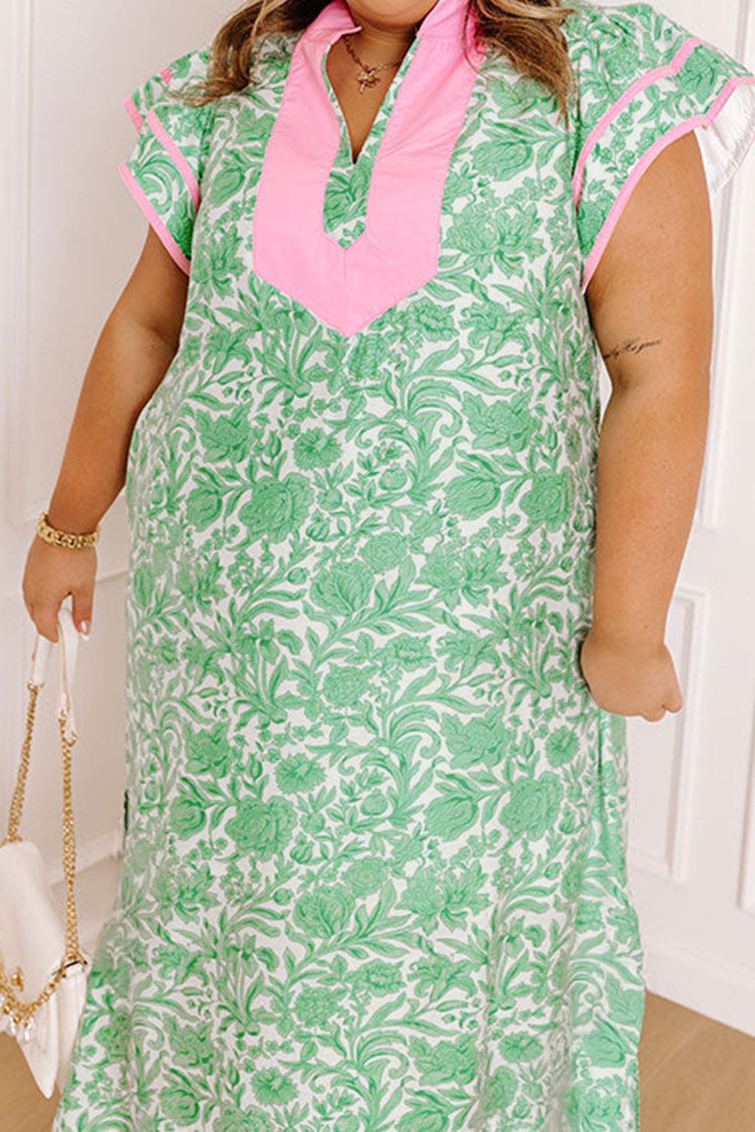 Green Plus Size Contrast Trim Flutter Sleeve Floral Kaftan Maxi Dress