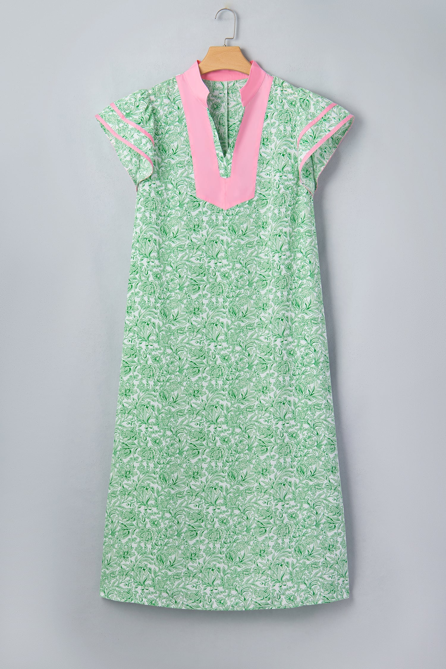 Green Plus Size Contrast Trim Flutter Sleeve Floral Kaftan Maxi Dress