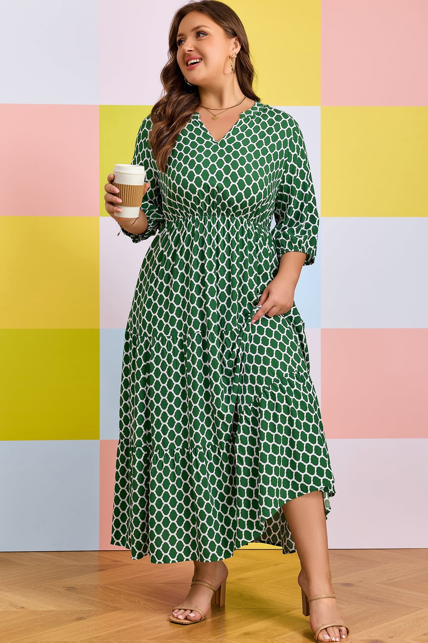 Green Plus Size Geometric Print Pocketed Ruffle Hem Casual Dress