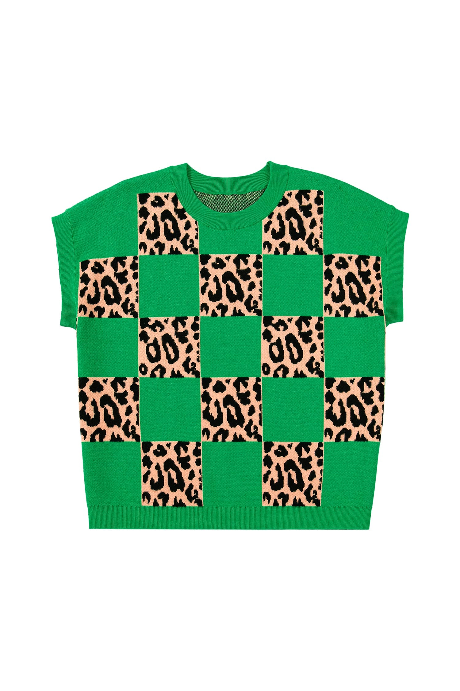 Green Plus Size Leopard Contrasted Checkered Short Sleeve Sweater