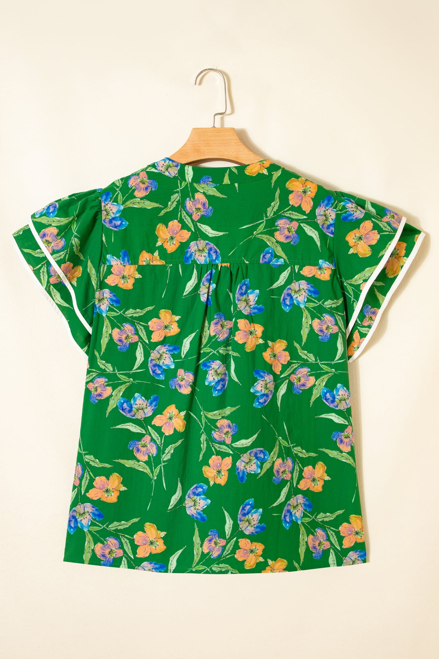Green Plus Size Ruffled Short Sleeve Floral Top