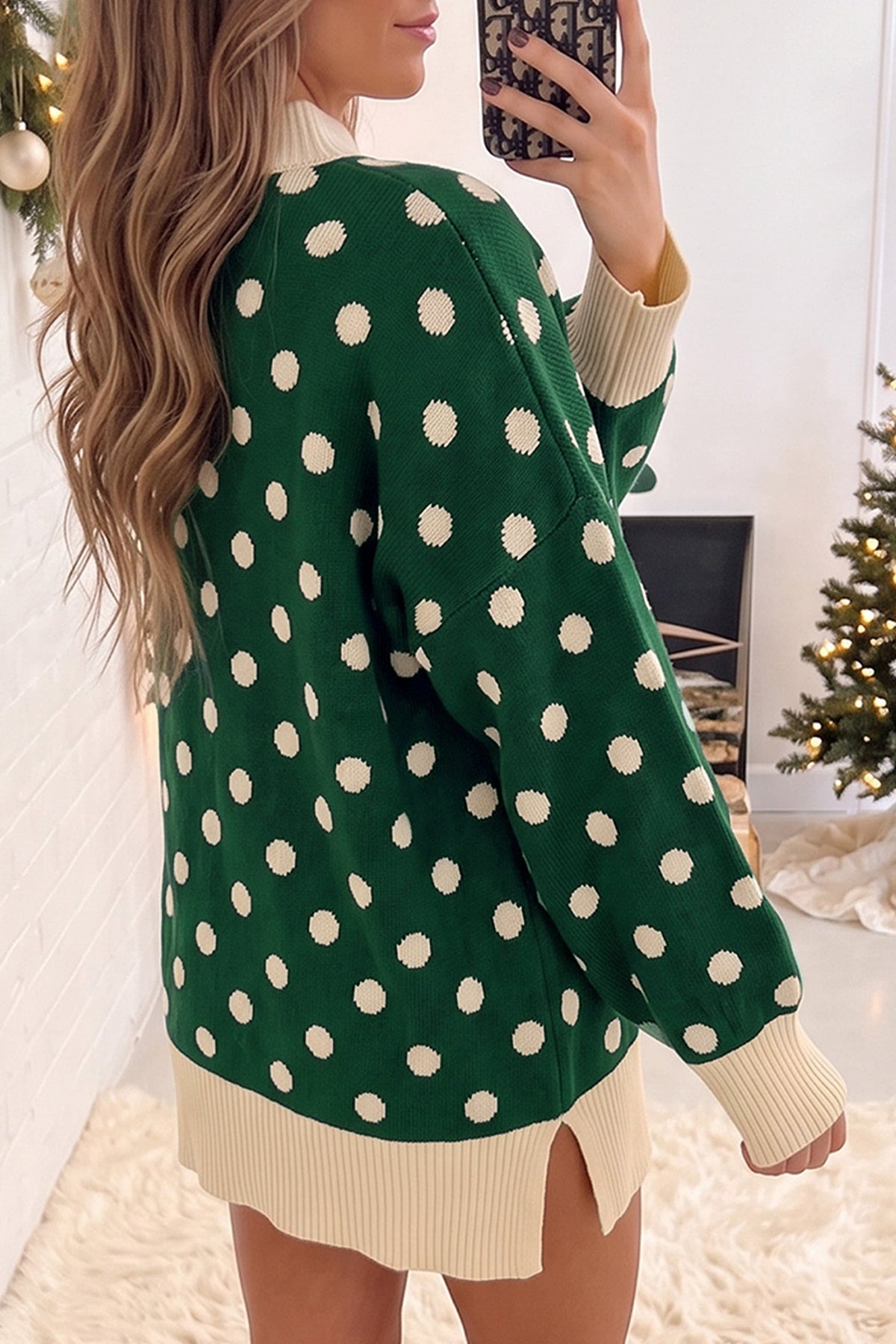 Green Polka Dot Pattern Ribbed Colorblock Trim Split Tunic Sweater