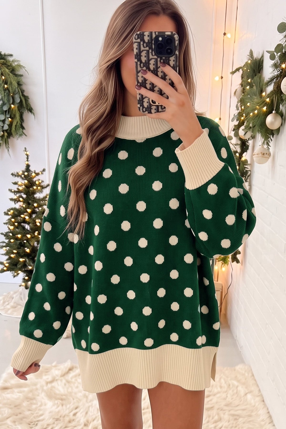 Green Polka Dot Pattern Ribbed Colorblock Trim Split Tunic Sweater